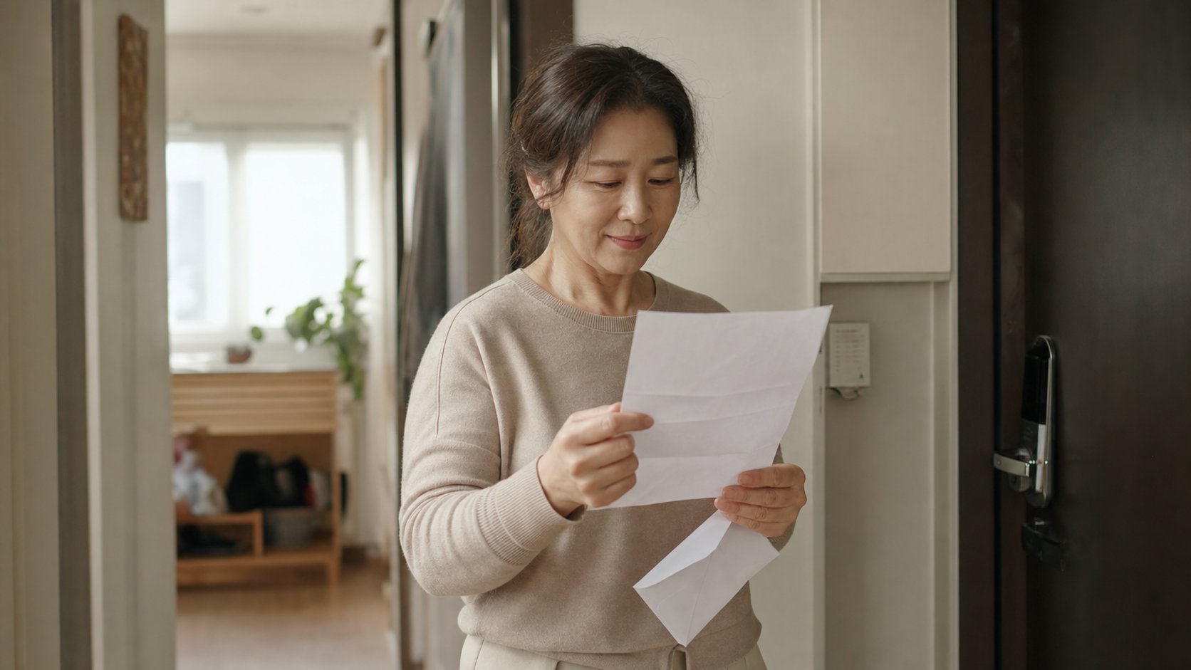 우편으로 받은 연금 결정 통지서를 확인하는 유족