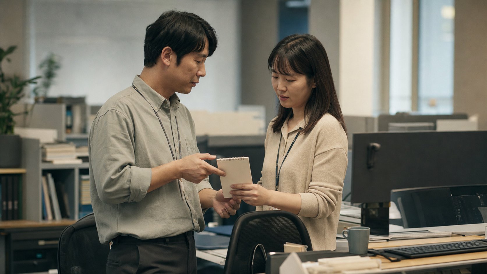 휴가 전 동료에게 업무를 인수인계하는 모습
