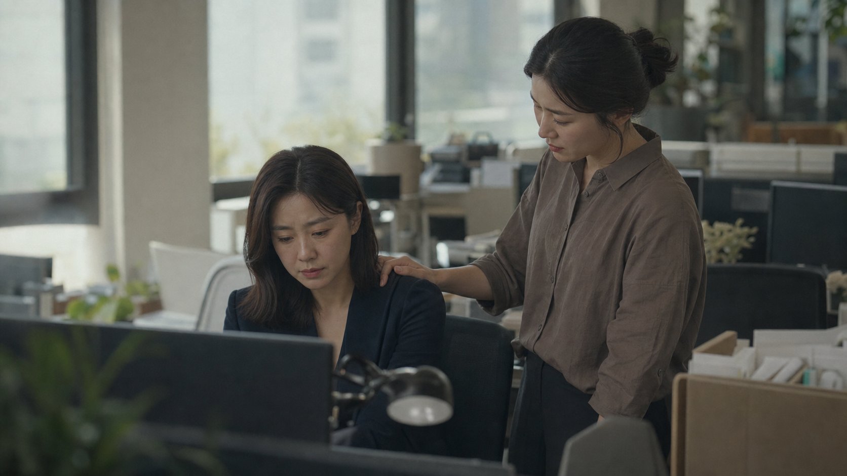 장례를 마치고 복귀한 직원을 동료가 위로하는 모습