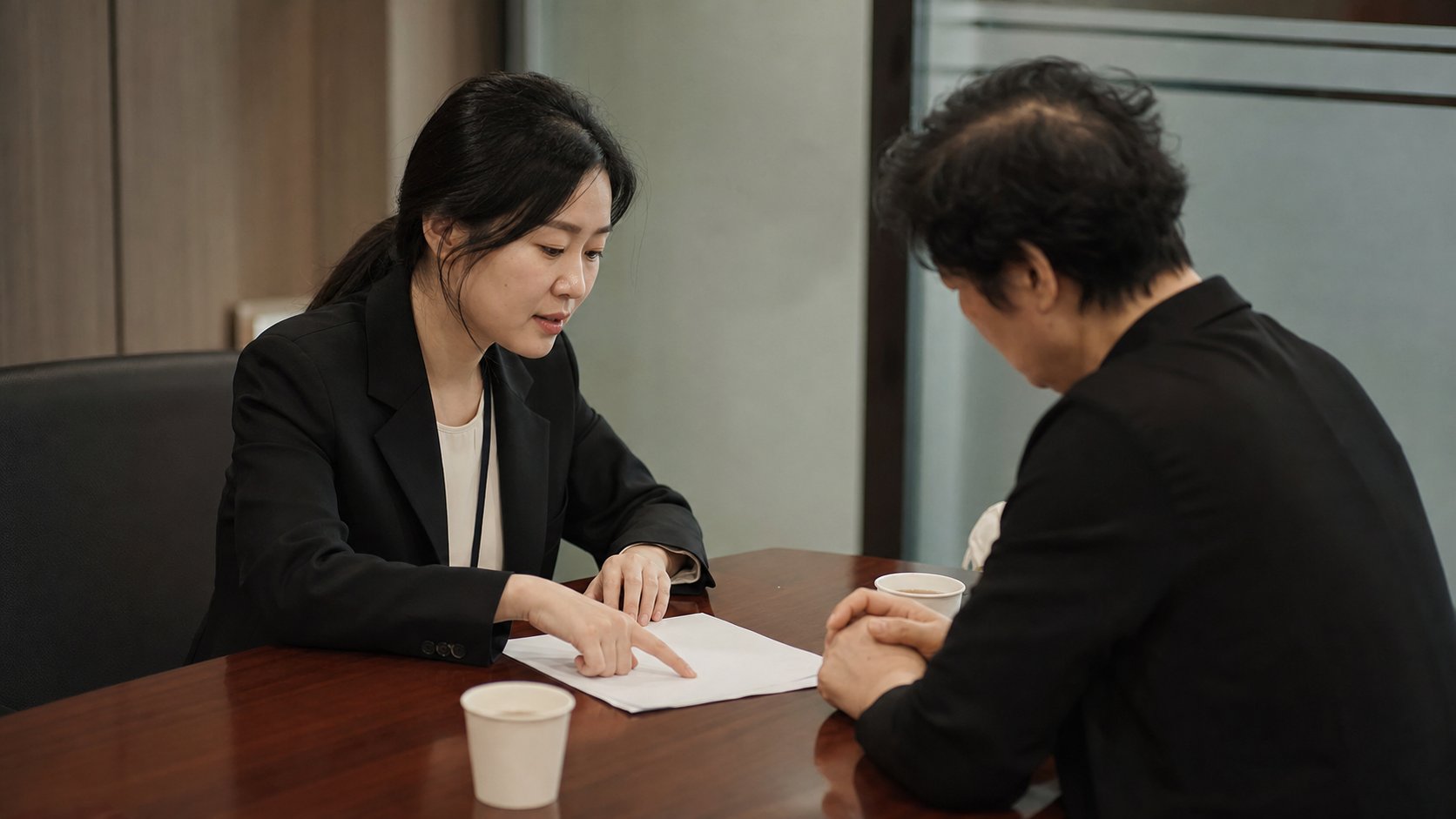 회사 담당자와 마주 앉아 퇴직금 정산 내역을 확인하는 유족