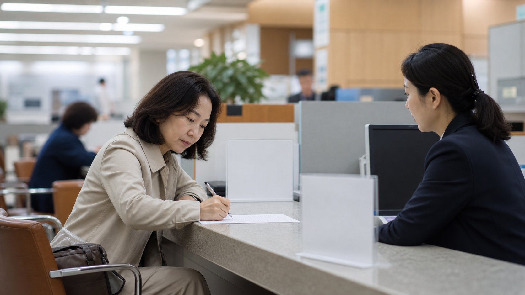 시군구청 세무과 창구에서 취득세 신고서를 작성하는 모습