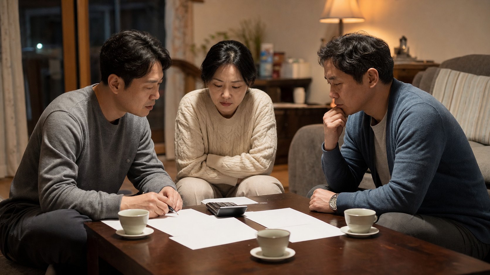 형제들이 모여 상속 재산 분할을 상의하는 모습