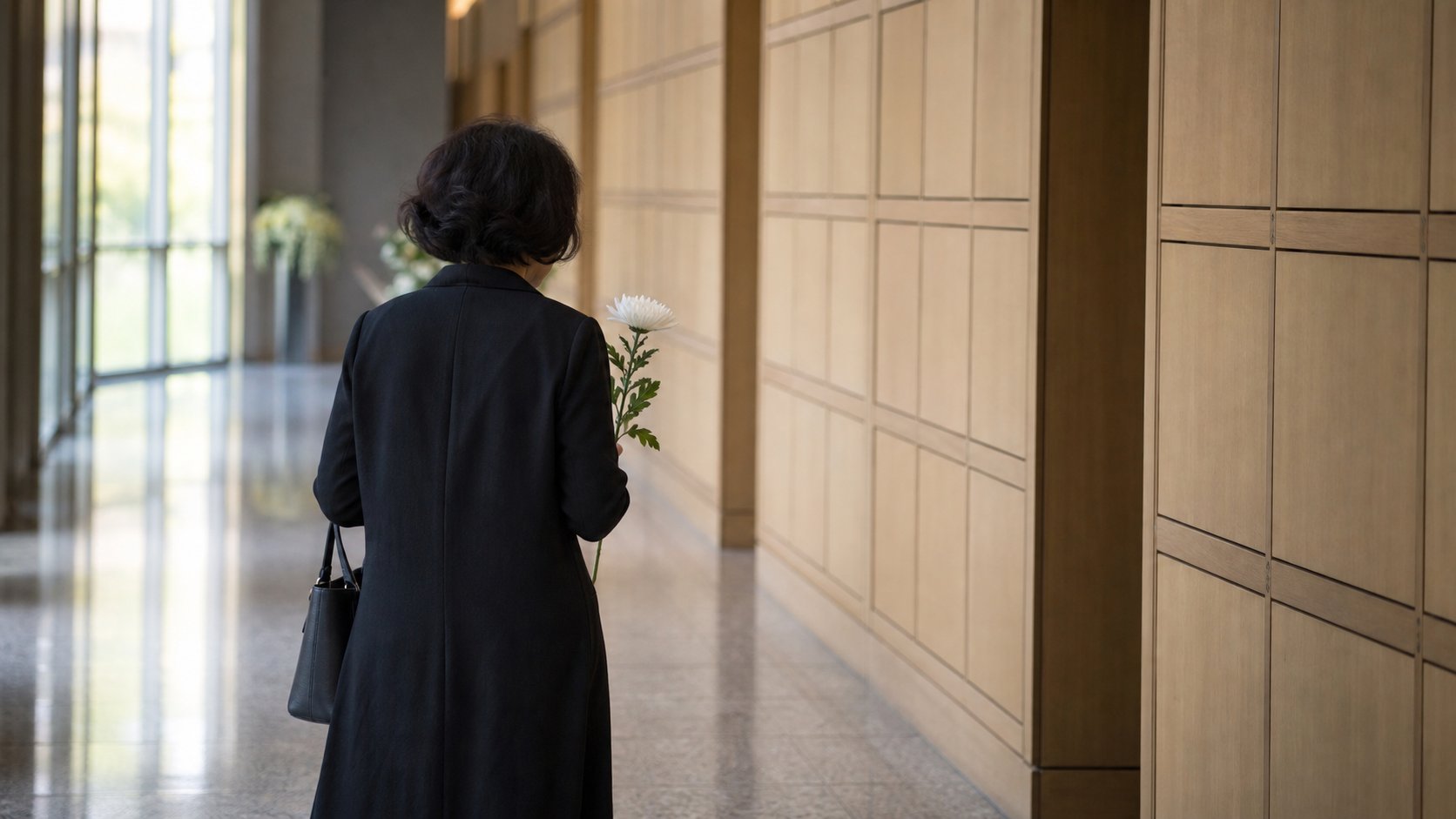 추모 시설 실내 통로를 국화를 들고 걷는 유족