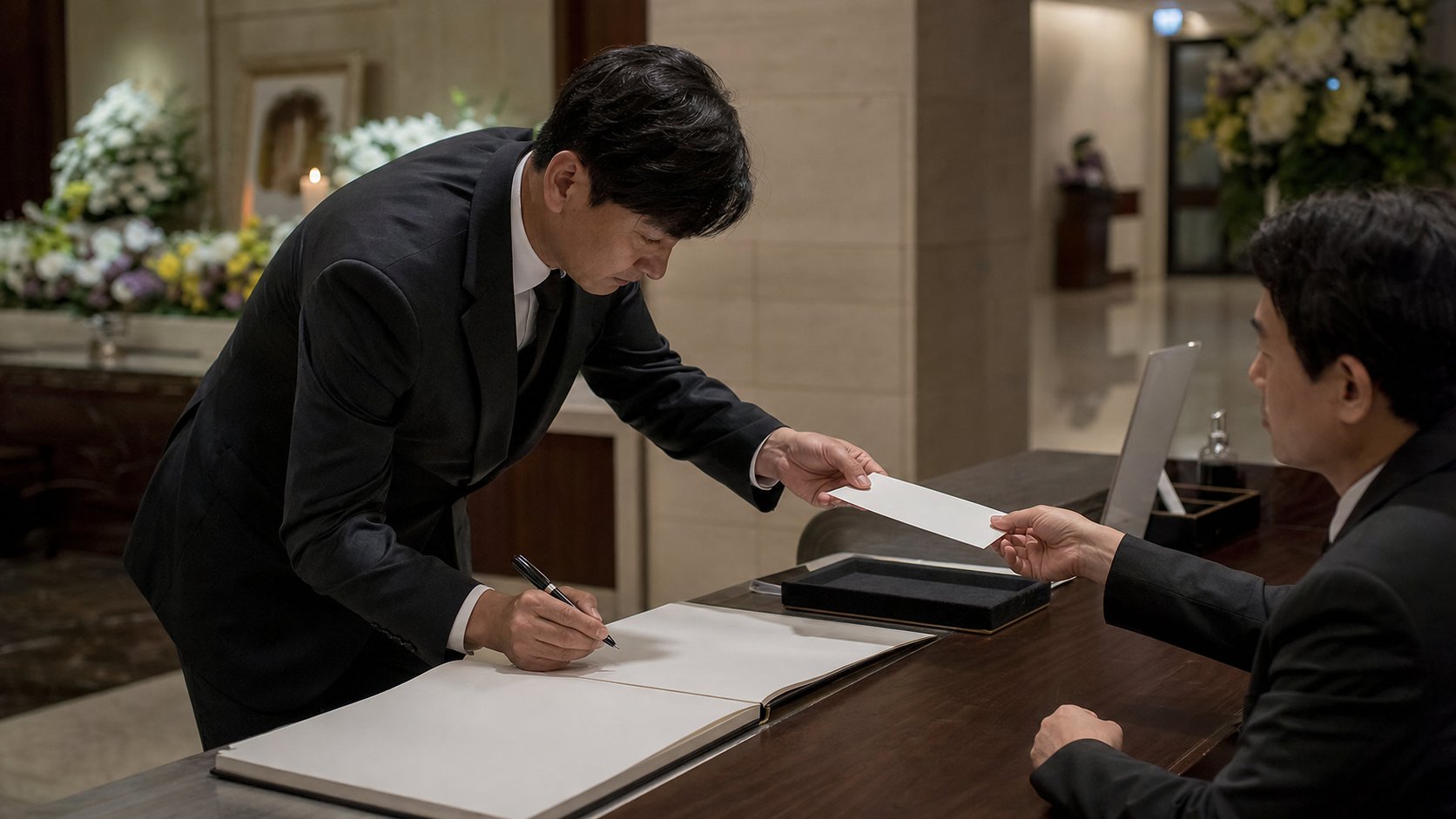 장례식장 접수대에서 방명록을 작성하고 봉투를 전달하는 조문객