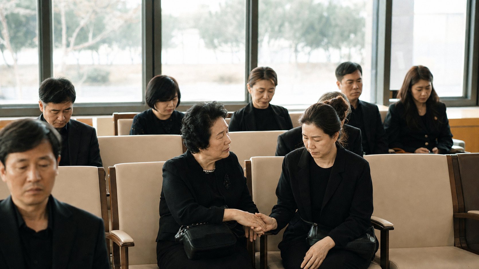 화장장 대기실에서 조용히 기다리는 유족과 동행자들