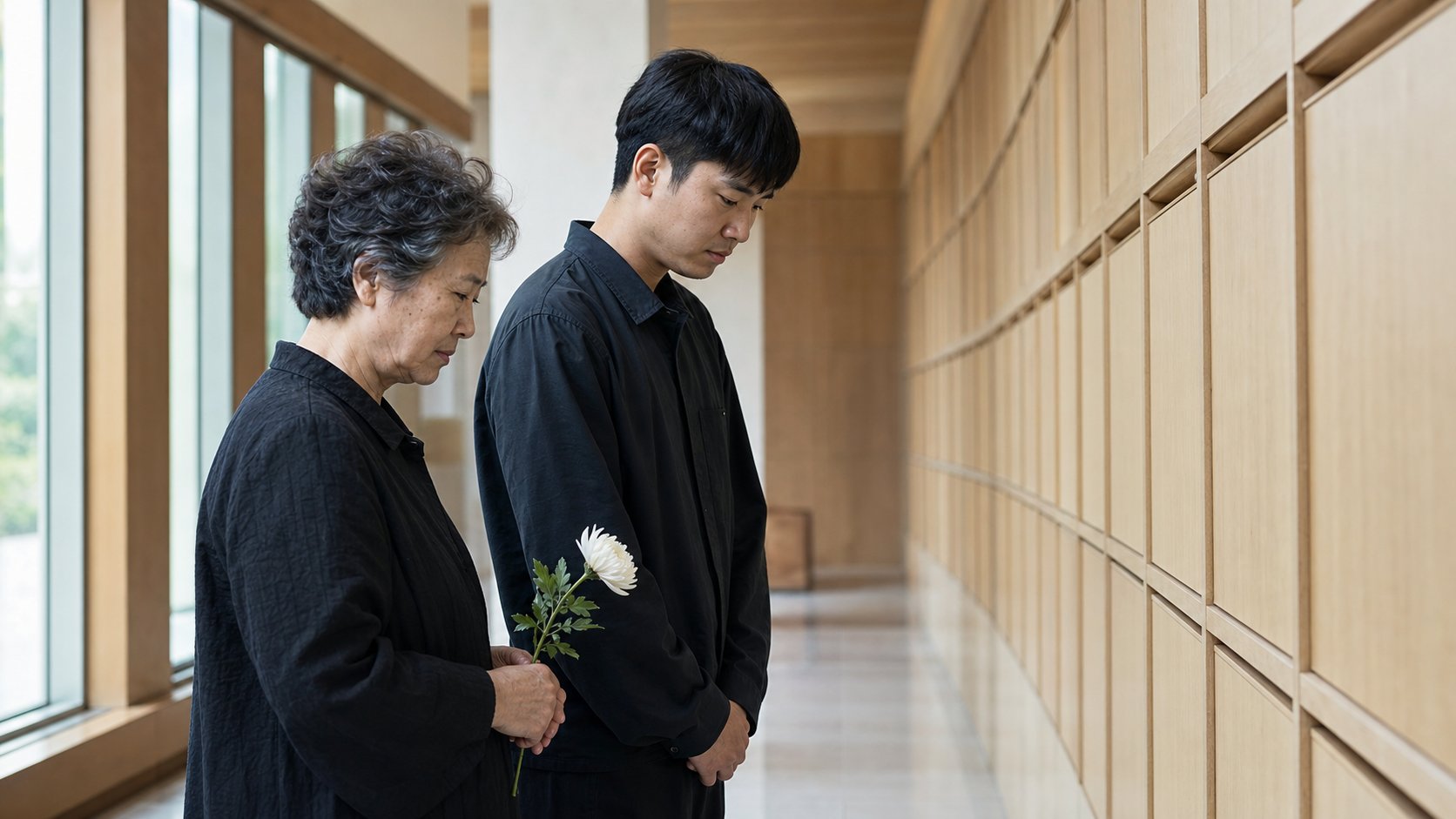 발인 후 봉안 시설에서 유족과 지인이 함께 서 있는 모습
