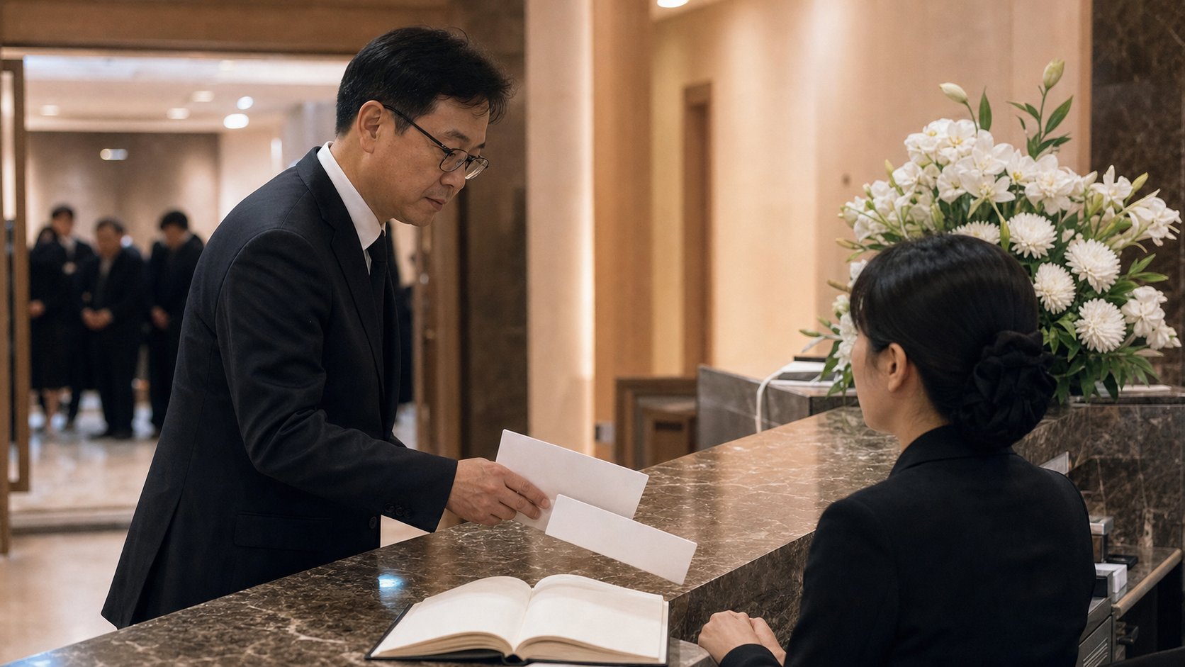 장례식장 접수대에서 봉투 여러 장을 대신 전달하는 조문객