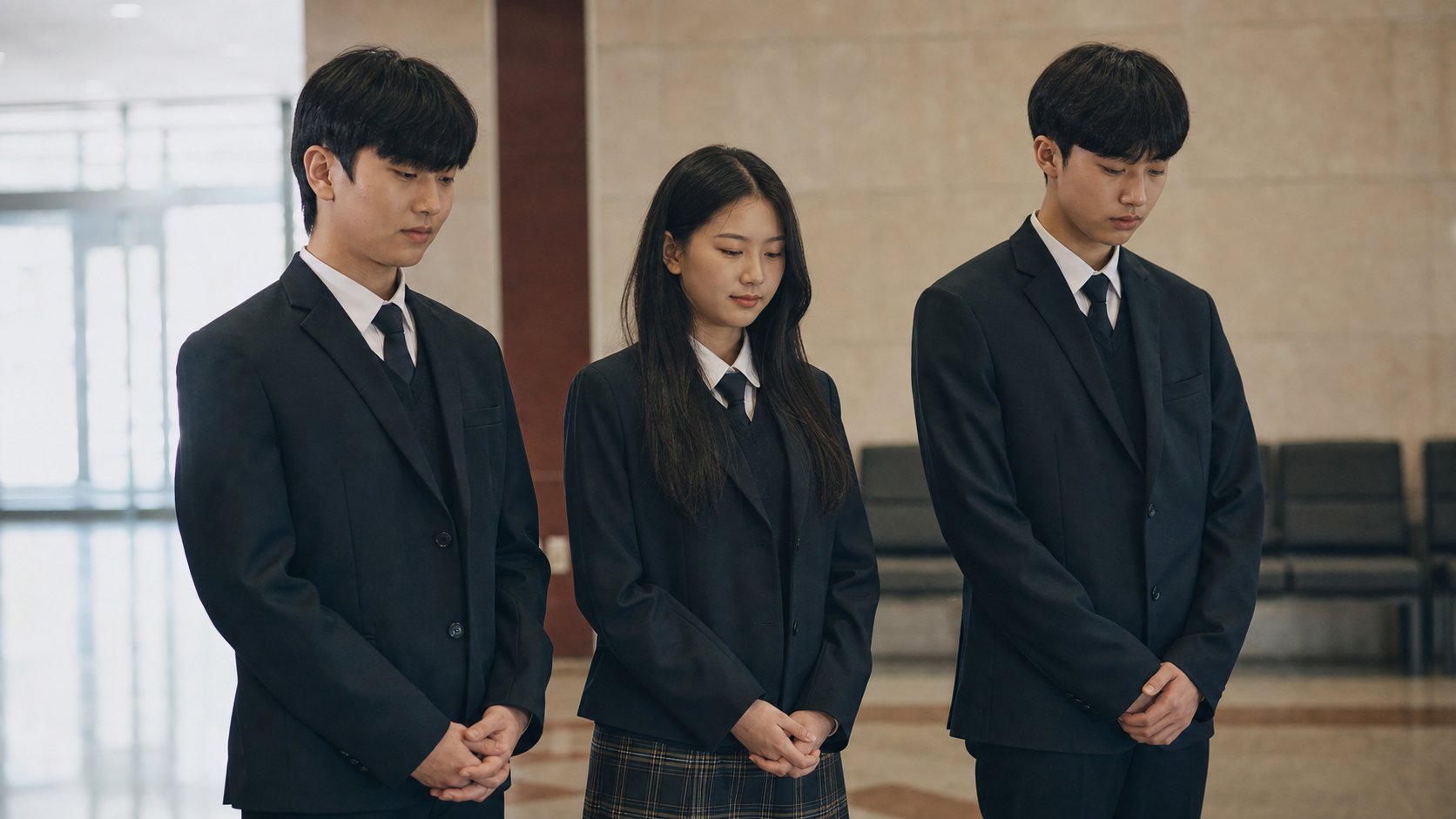 교복을 입은 학생들이 나란히 서서 조용히 기다리는 모습