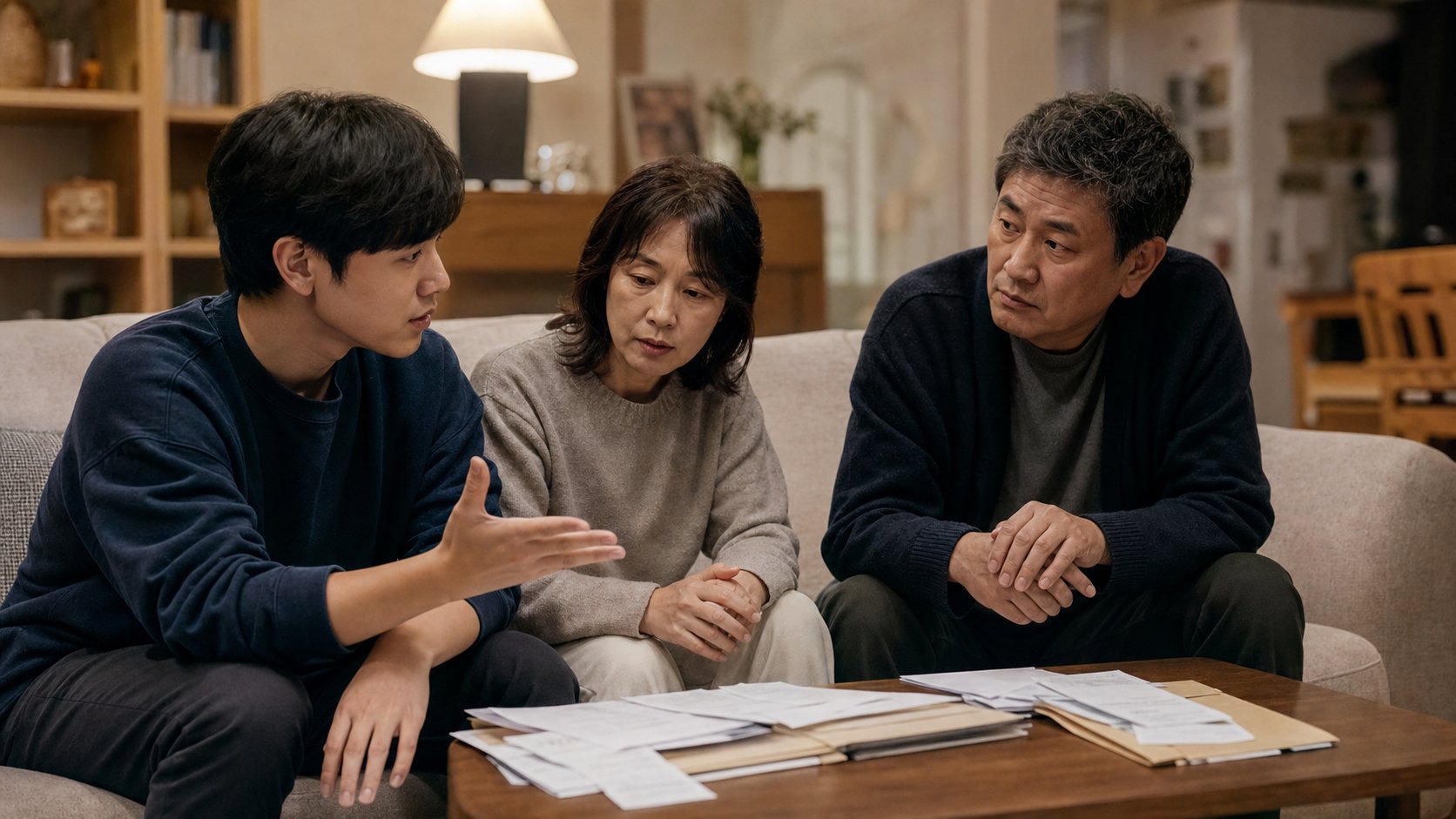 장례 후 서류를 정리하며 대화하는 가족