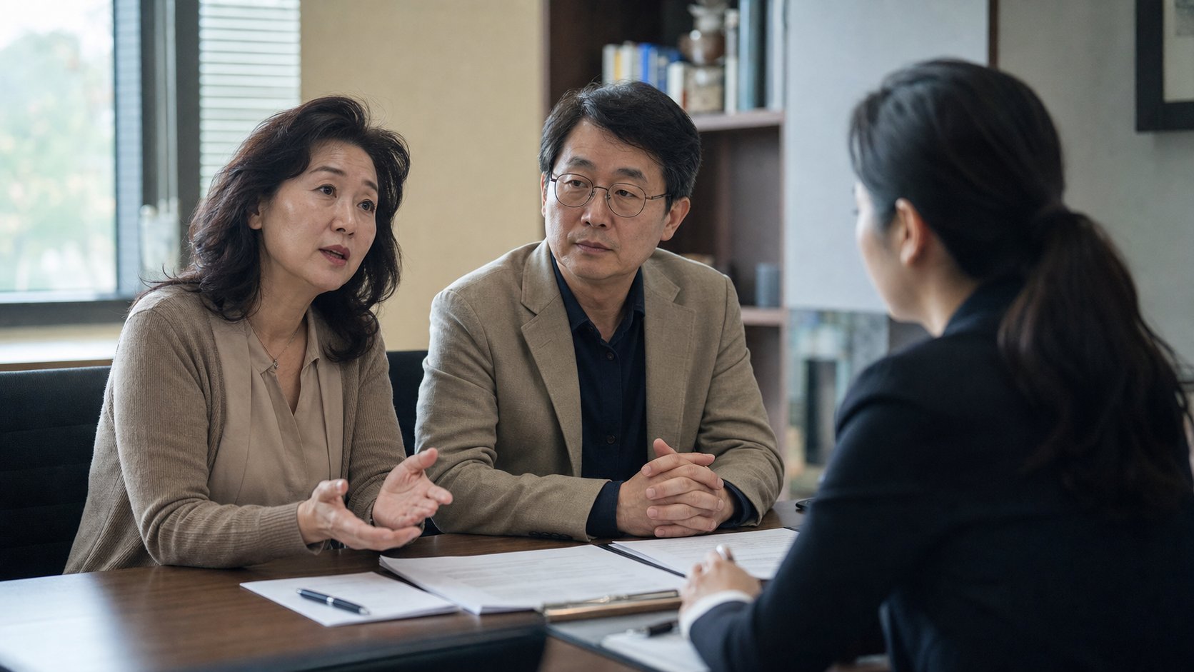 상조 계약 내용을 상담받는 부부