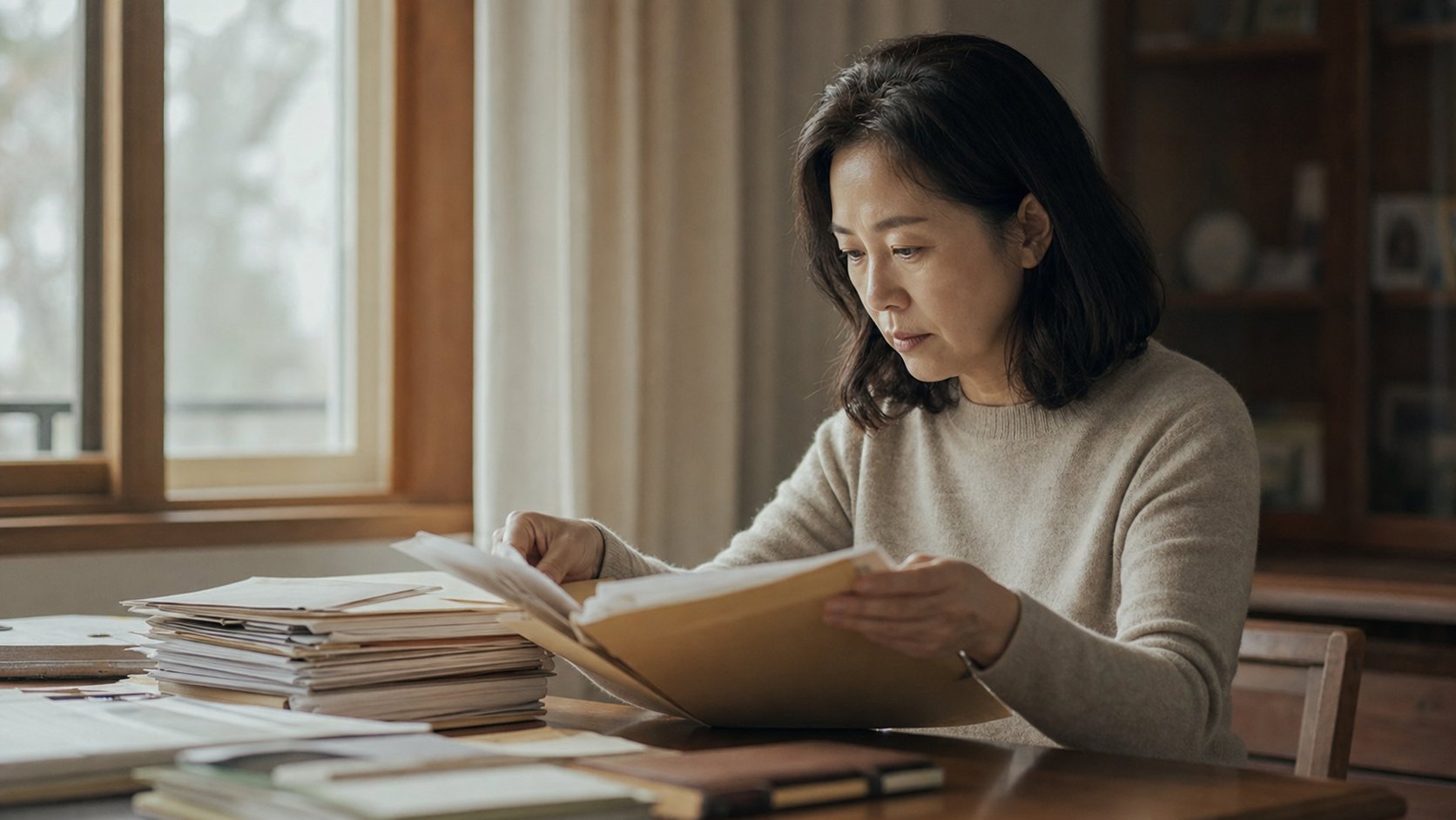 부모님 서류를 정리하는 성인 자녀