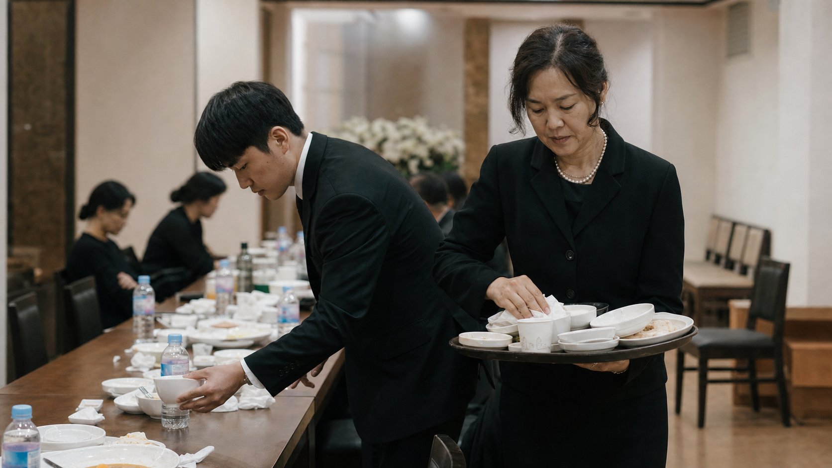접객실 테이블을 정리하는 유가족