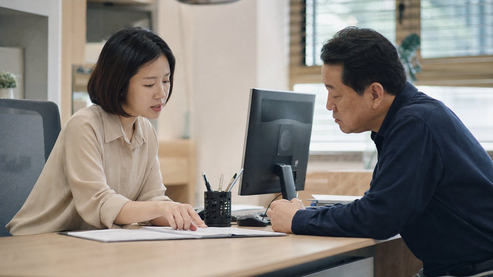 세무 상담 창구에서 상속세 납부 방법을 설명받는 모습