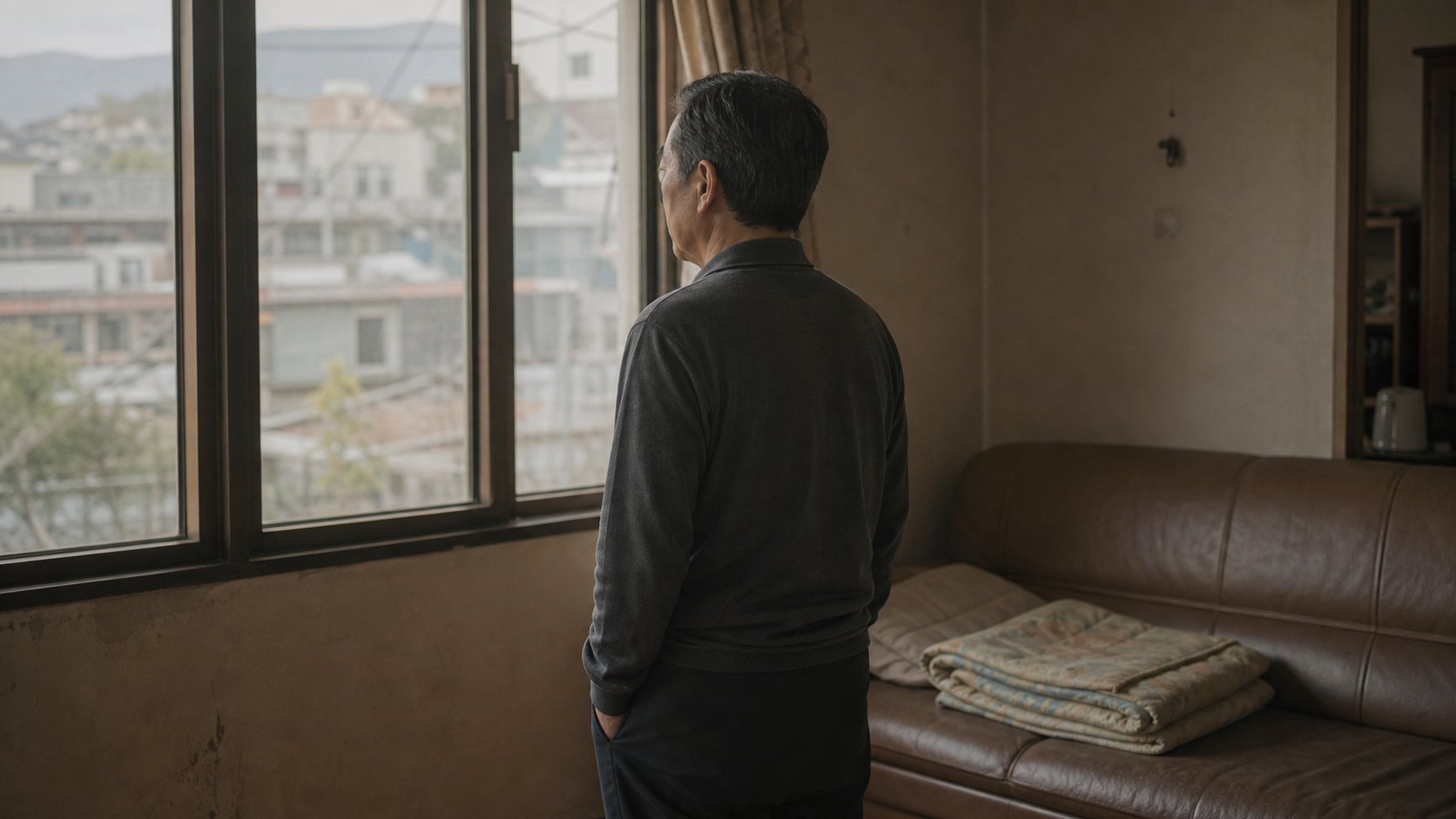 부모님이 살던 집 거실에서 창밖을 바라보는 상속인