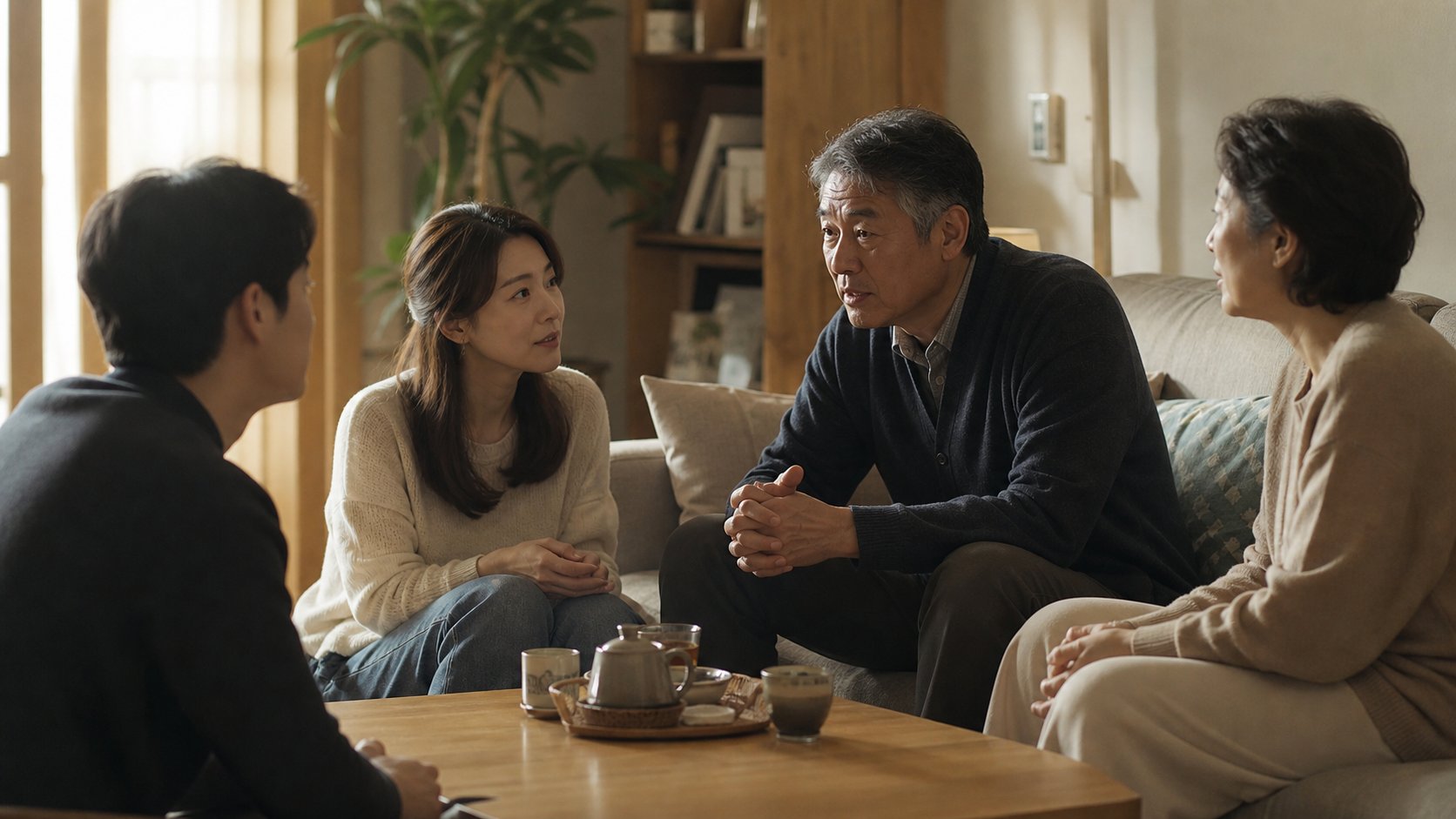 가족이 거실에 둘러앉아 장례 정산에 대해 차분히 대화하는 모습