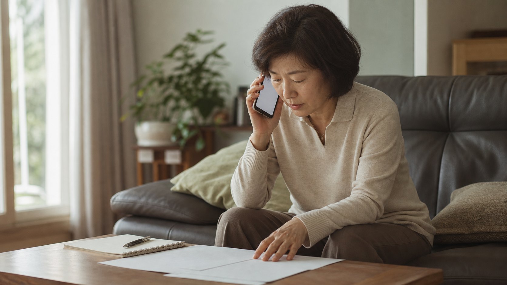 거실에서 서류를 보며 상조회사에 전화로 문의하는 여성