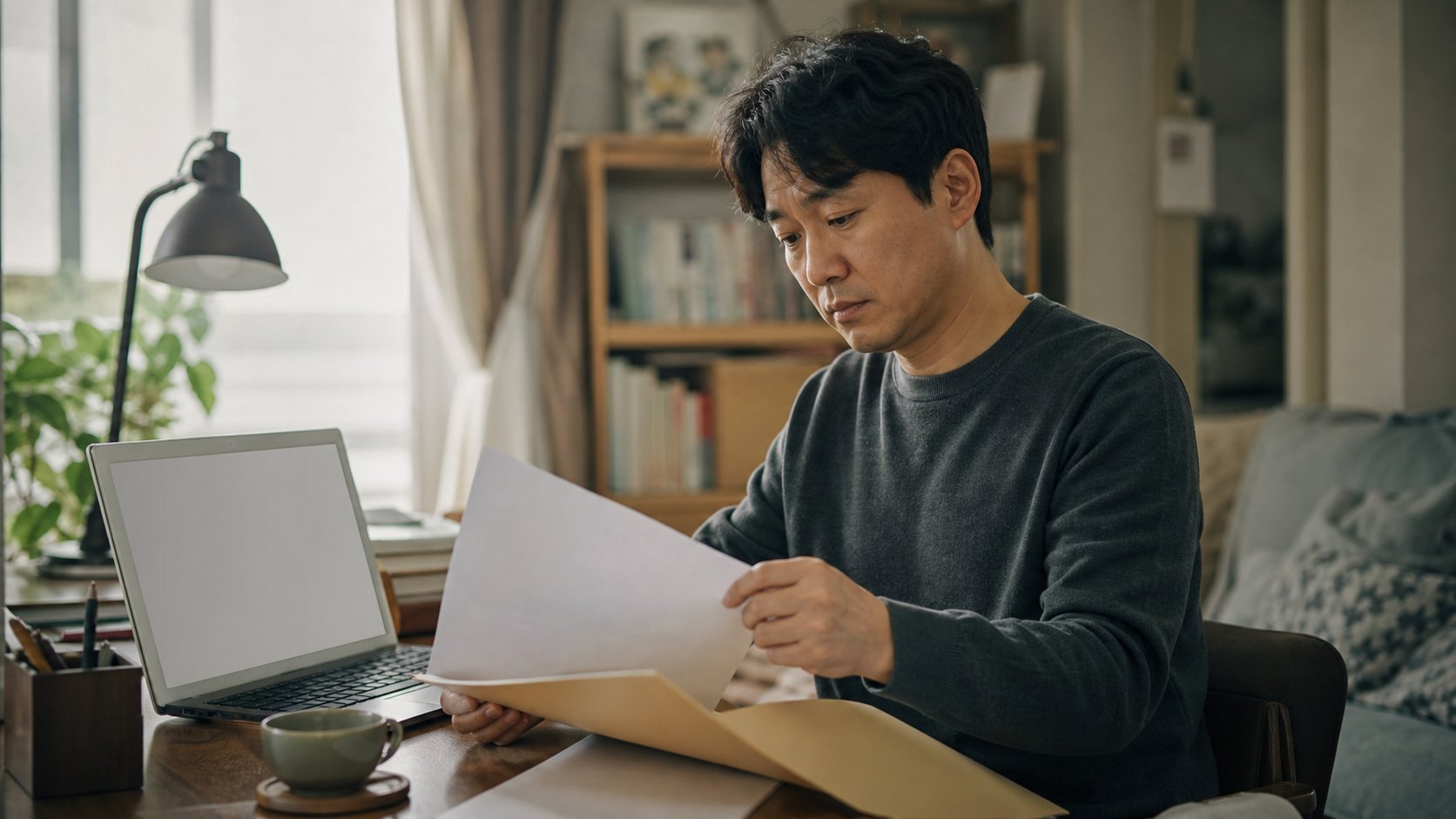 책상에서 노트북과 서류로 상조 계약 내역을 정리하는 남성