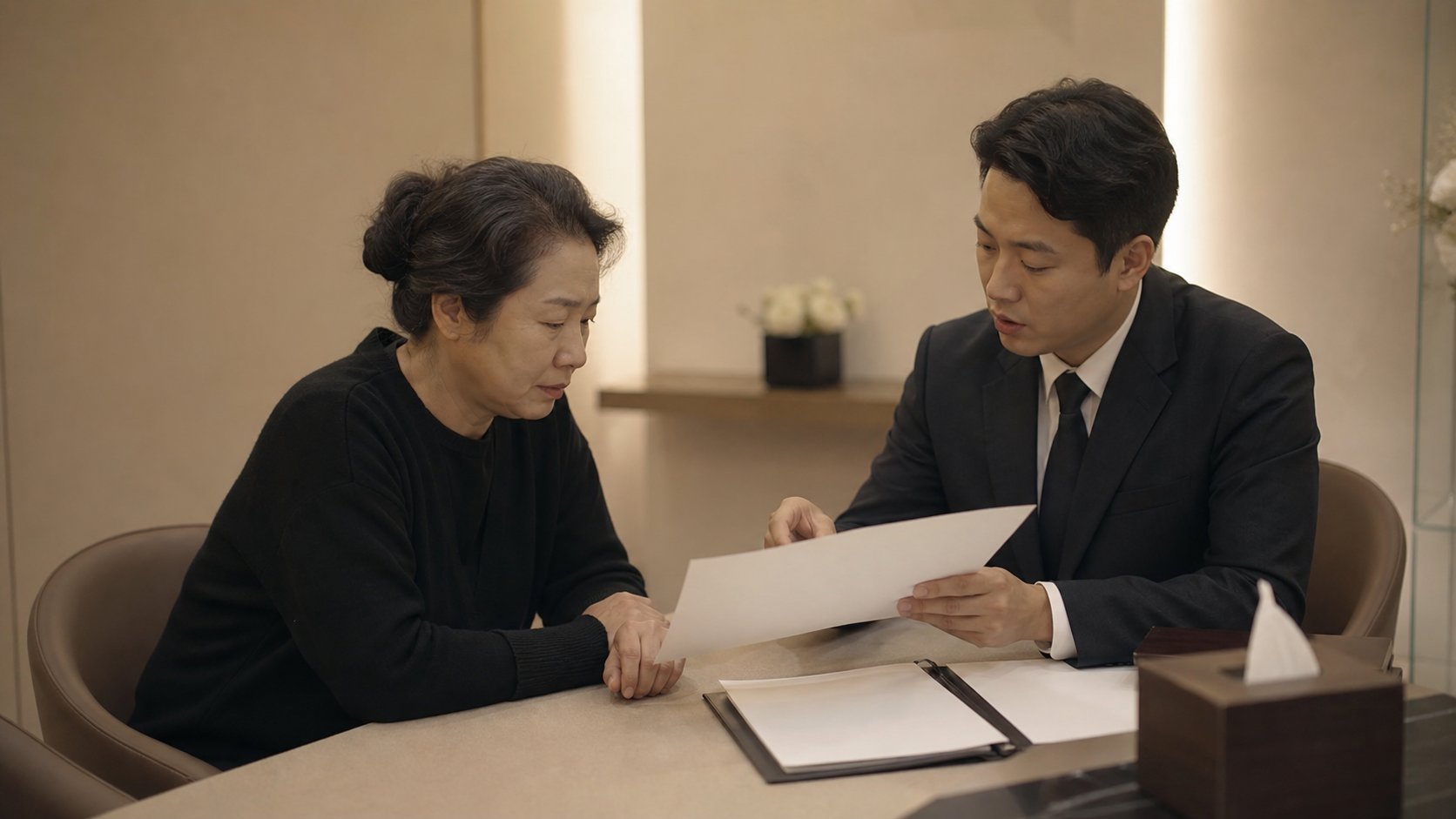 장례식장 상담실에서 안내 서류를 두고 상담하는 모습