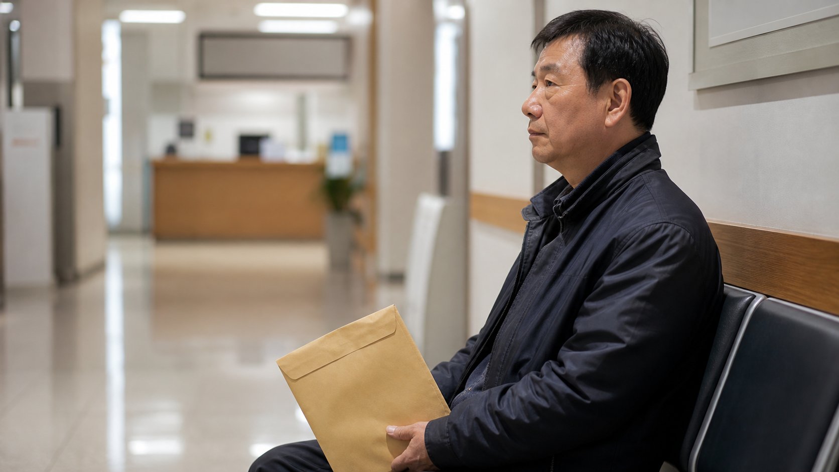 서류 봉투를 들고 관공서 대기 의자에 앉아 있는 중년 남성