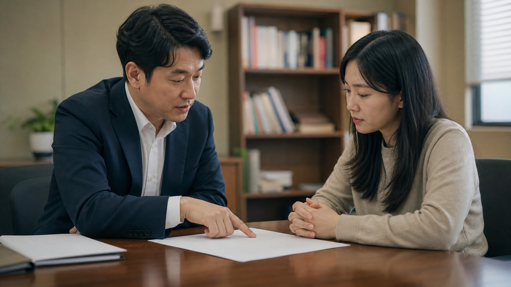 조용한 사무실에서 서류를 짚으며 상담하는 두 사람