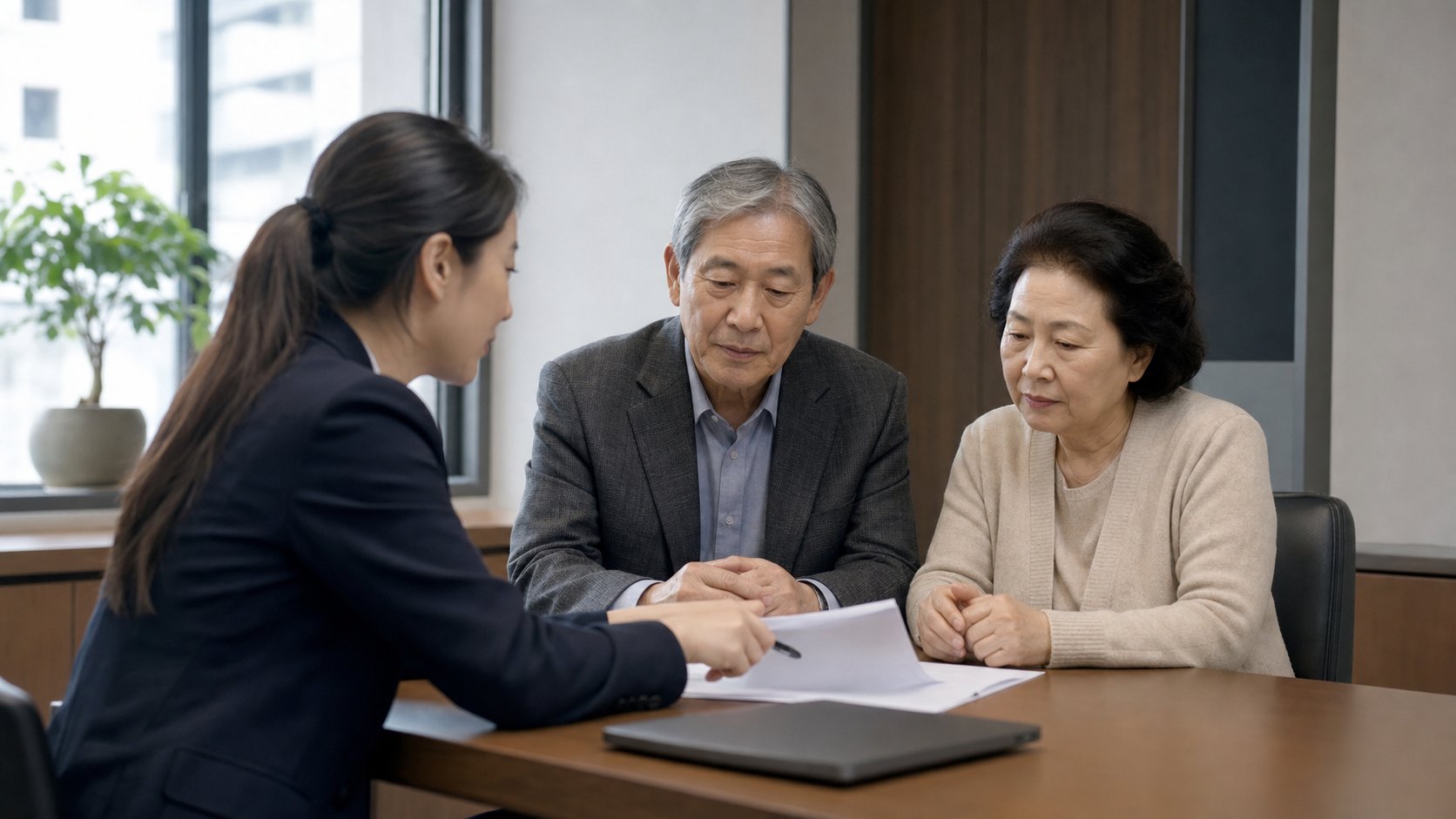 상담사가 노년 부부에게 상조 계약 서류를 설명하는 모습