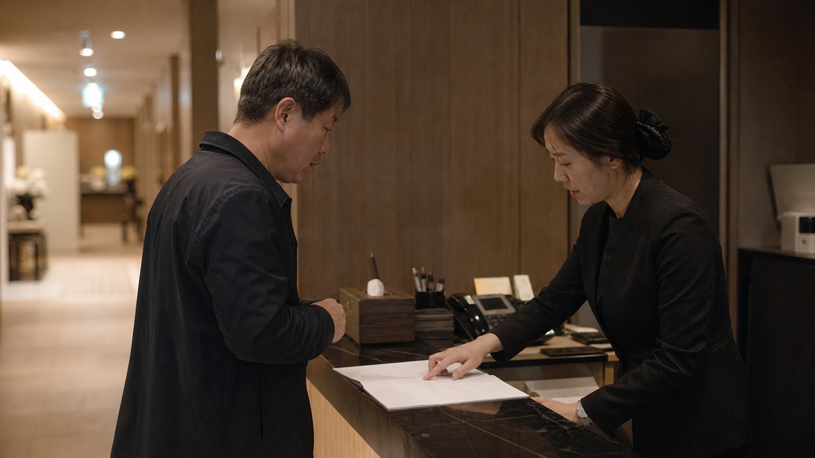 지방 장례식장 접수 창구에서 유족이 비용 안내를 확인하는 모습