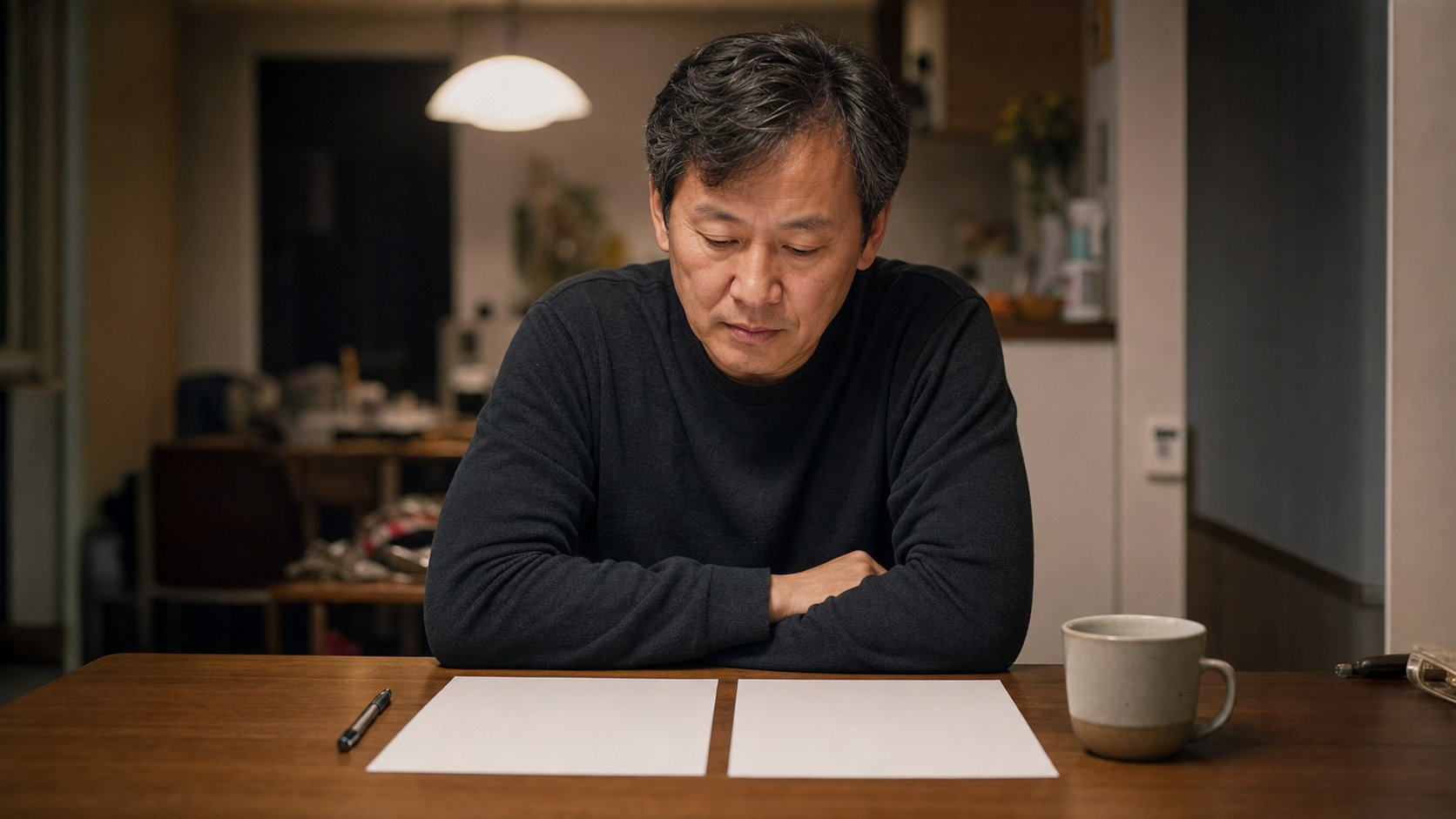 장례를 마친 유족이 집에서 정산서와 계약서를 대조하는 모습