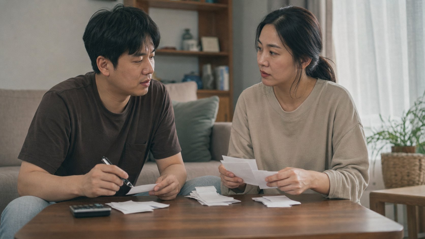 성인 자녀 두 명이 거실에서 영수증을 정리하며 상의하는 모습
