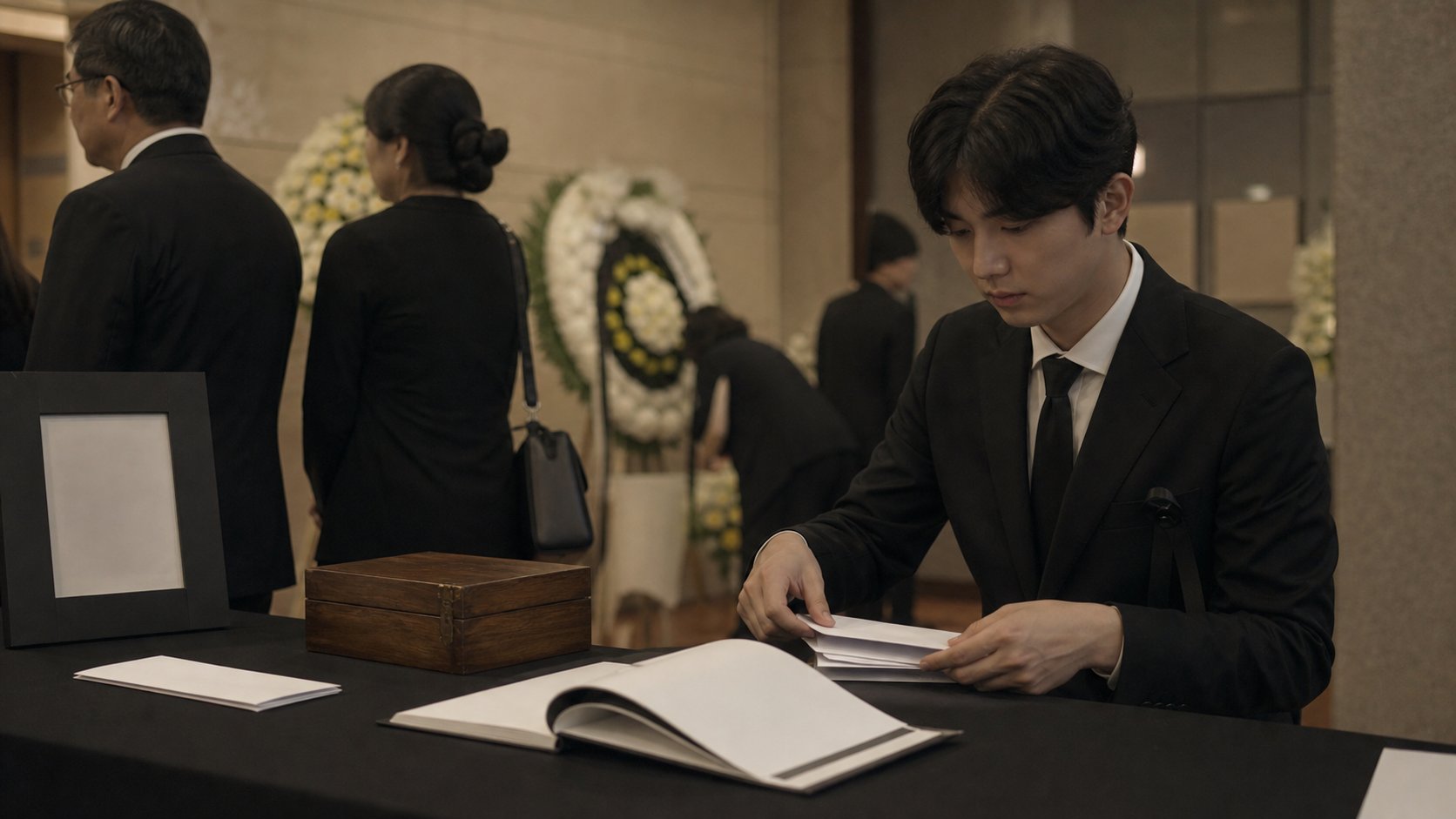 상가 접객 데스크에서 조카가 방명록과 부의금 봉투를 정리하는 모습