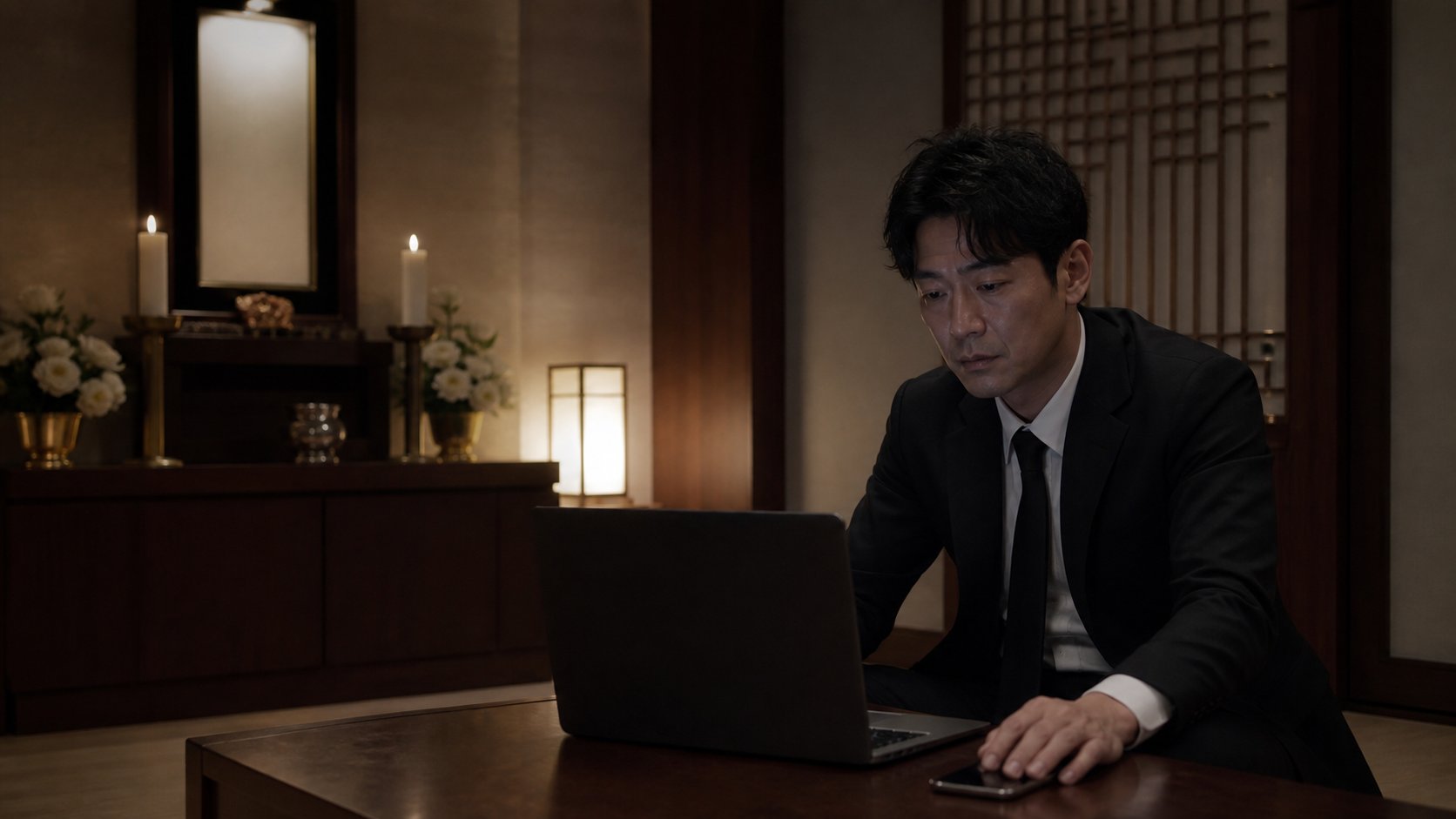 늦은 밤 장례식장에서 상주가 노트북으로 화장 예약 가능 시간을 확인하는 모습
