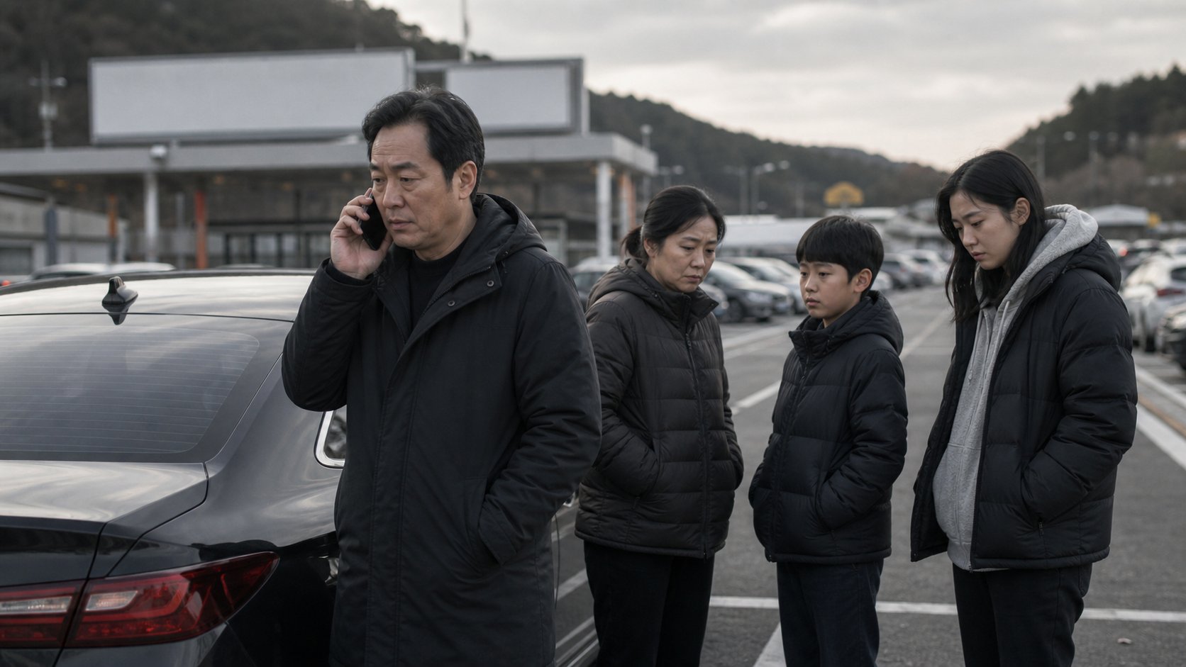 명절 연휴 고속도로 휴게소에서 검은 옷을 입은 가족이 연락을 주고받는 모습