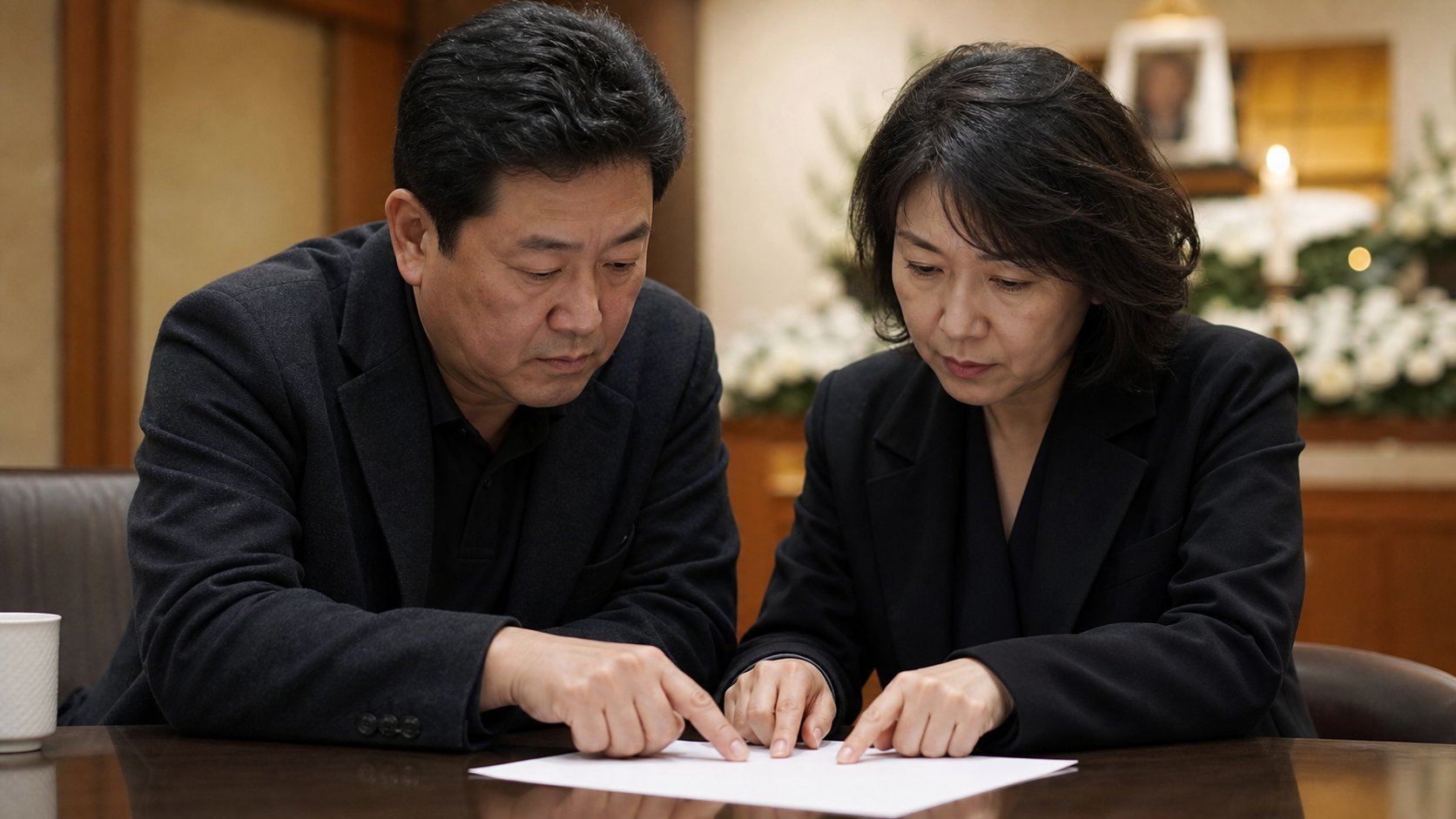 중년 부부가 장례 정산서 항목을 한 줄씩 확인하는 모습