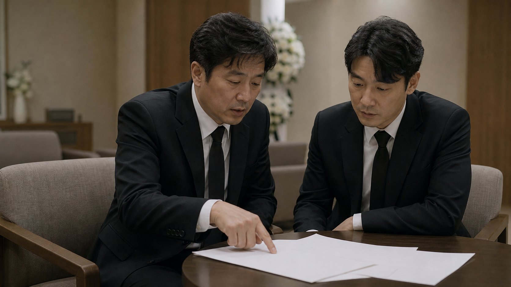 빈소에서 사위와 처남이 장례 견적서를 함께 확인하는 모습