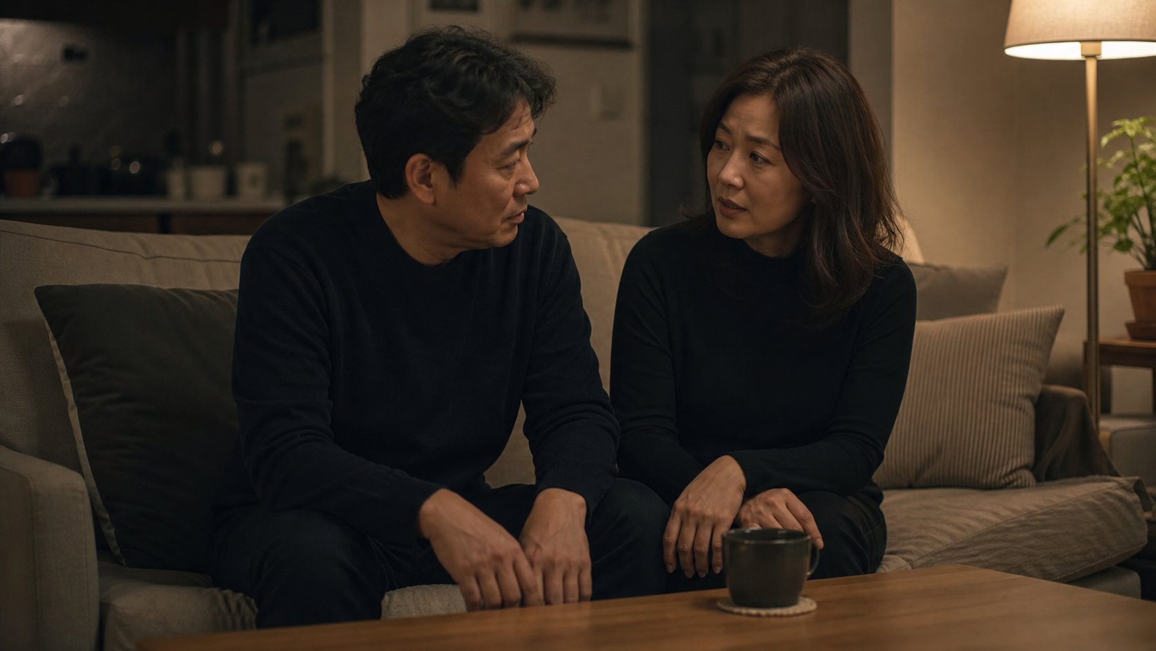 장례를 마치고 집에 돌아온 부부가 거실에서 대화하는 모습