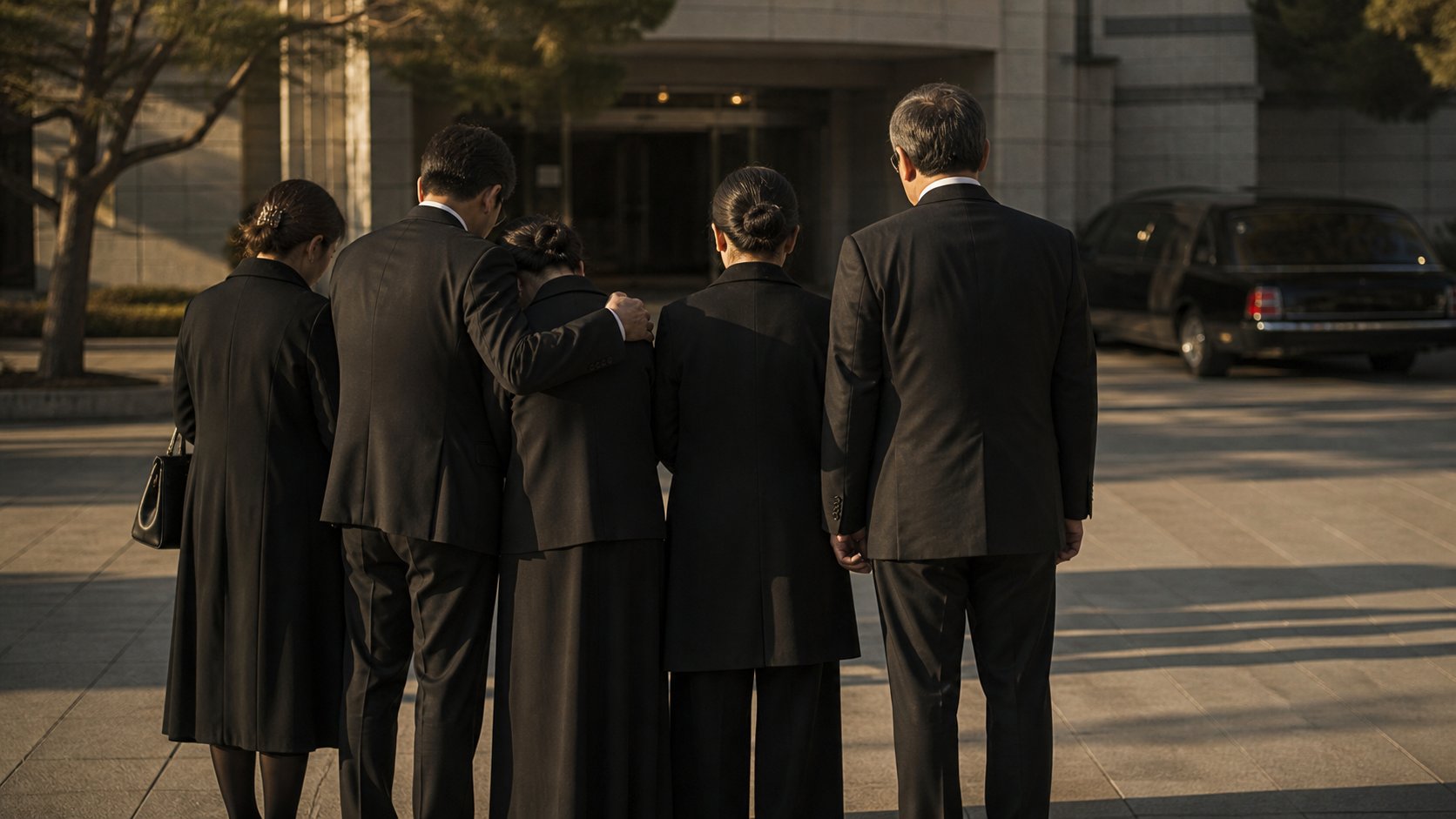 이른 아침 장례식장 앞마당에서 발인을 준비하는 가족들의 모습