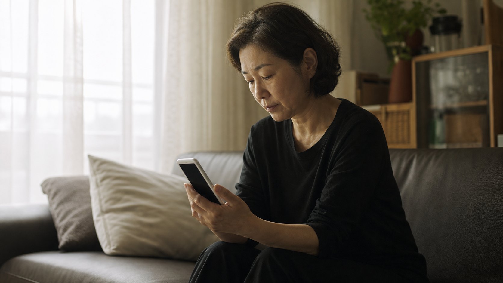 이른 아침 거실에서 휴대폰으로 인사 문자를 확인하는 모습
