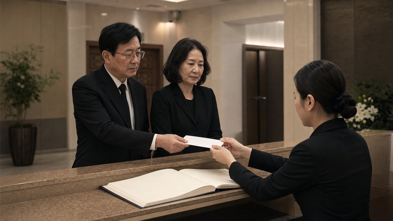 장례식장 접수대에서 부의금 봉투를 전달하는 중년 부부