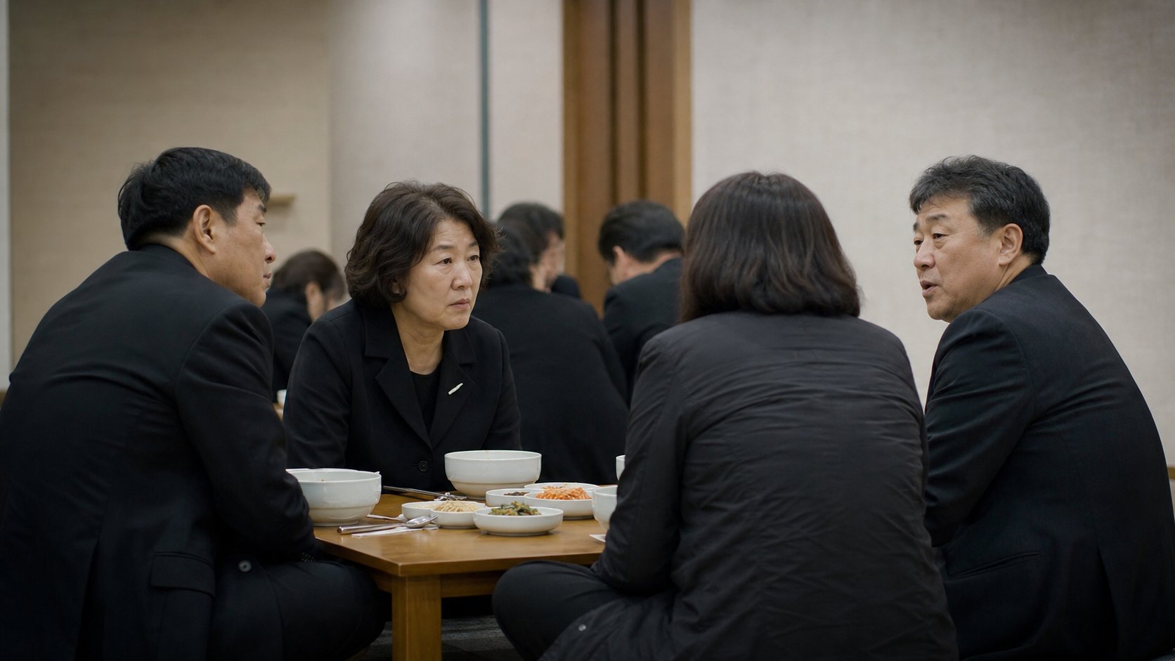 빈소 접객실에서 조문객들이 조용히 대화하는 모습
