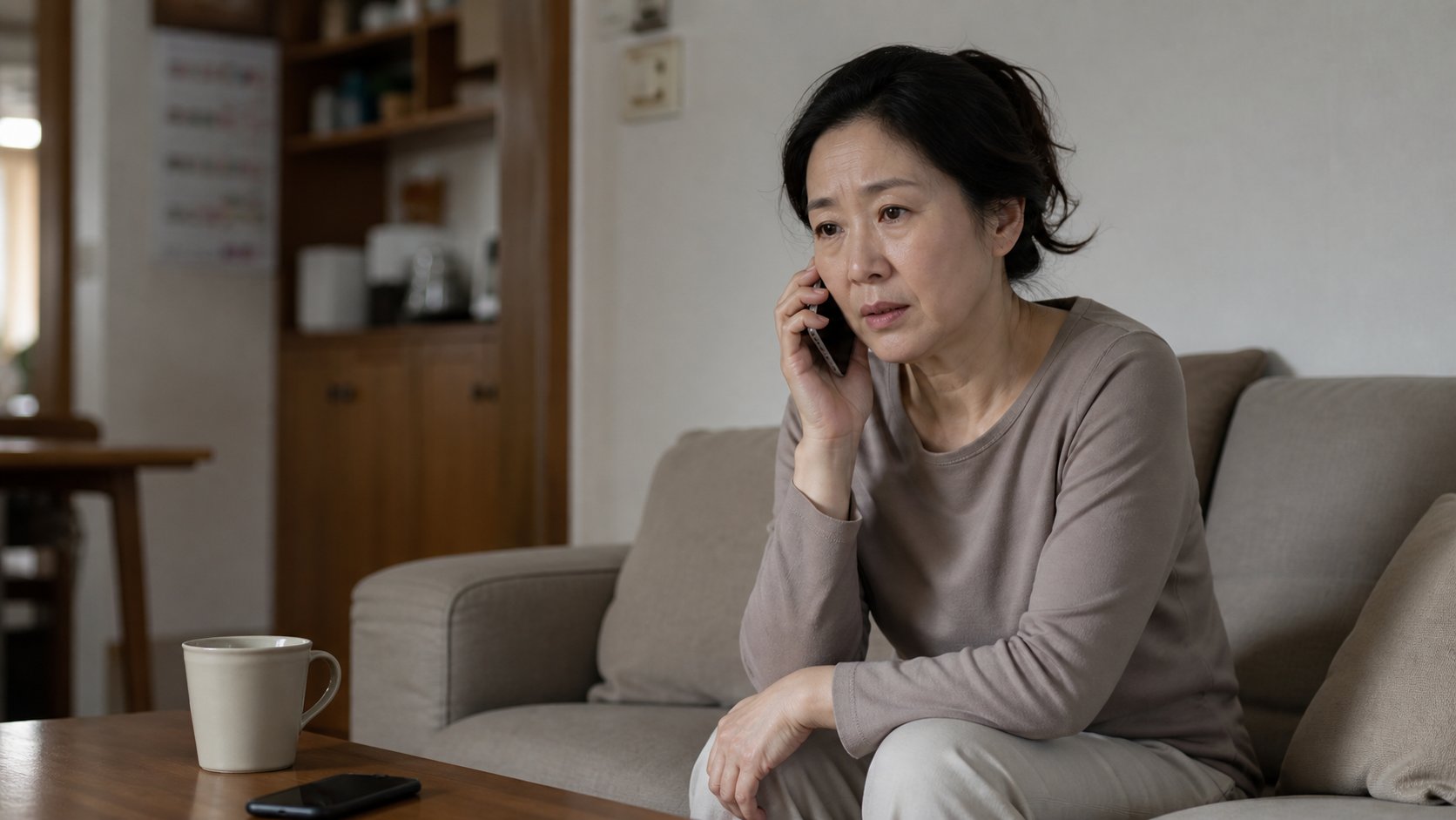 거실에서 자녀와 통화하며 사돈댁 안부를 묻는 모습