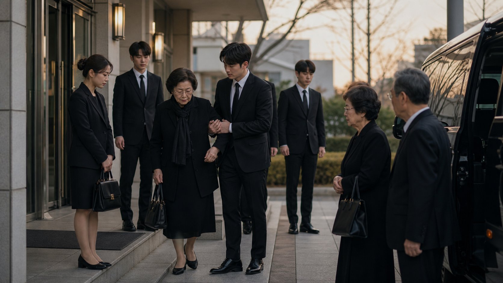 발인 아침 유족들이 차량에 탑승하기 위해 모여 있는 모습