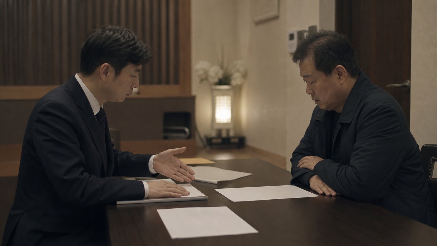 빈소 상담실에서 장례지도사와 상주가 견적서를 확인하는 모습