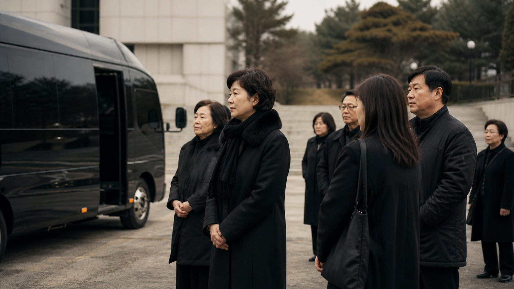 화장장 주차장에서 버스 옆에 대기 중인 유족들
