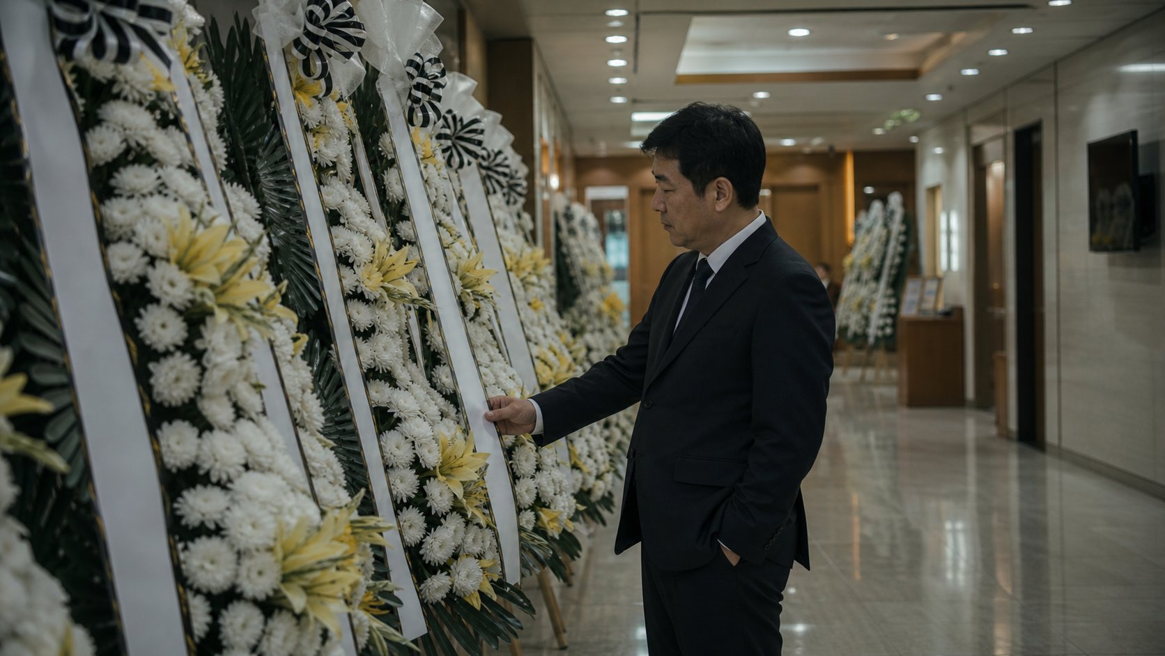 빈소 복도에 놓인 근조화환과 리본을 확인하는 모습