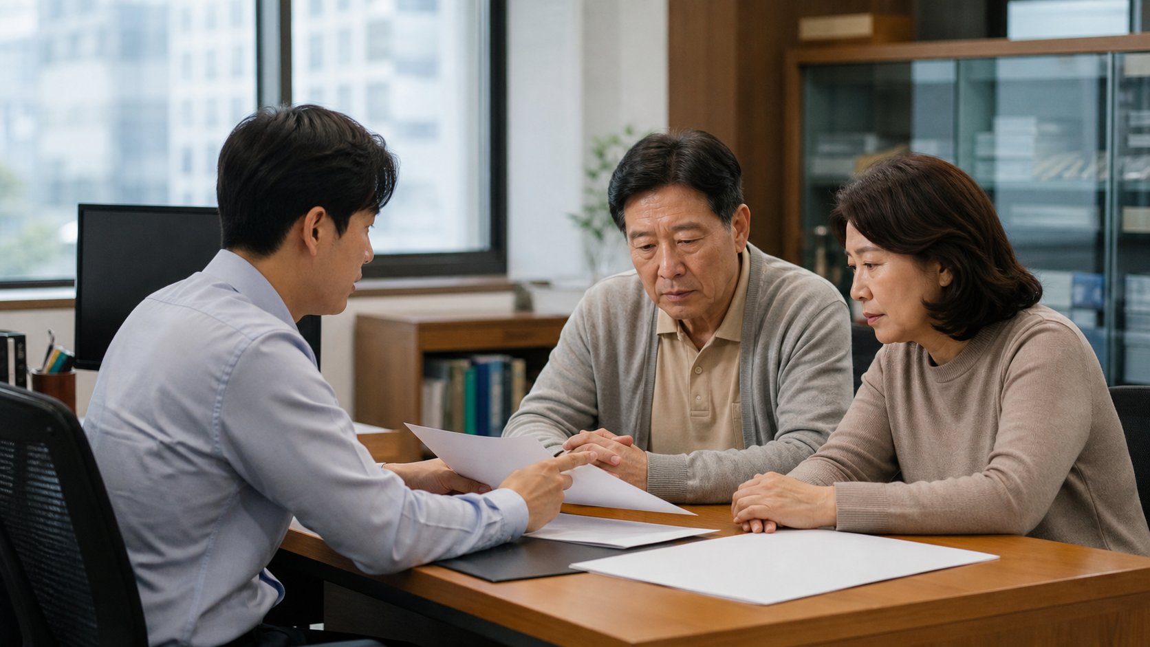 상담사가 부부에게 상속 서류를 설명하는 모습