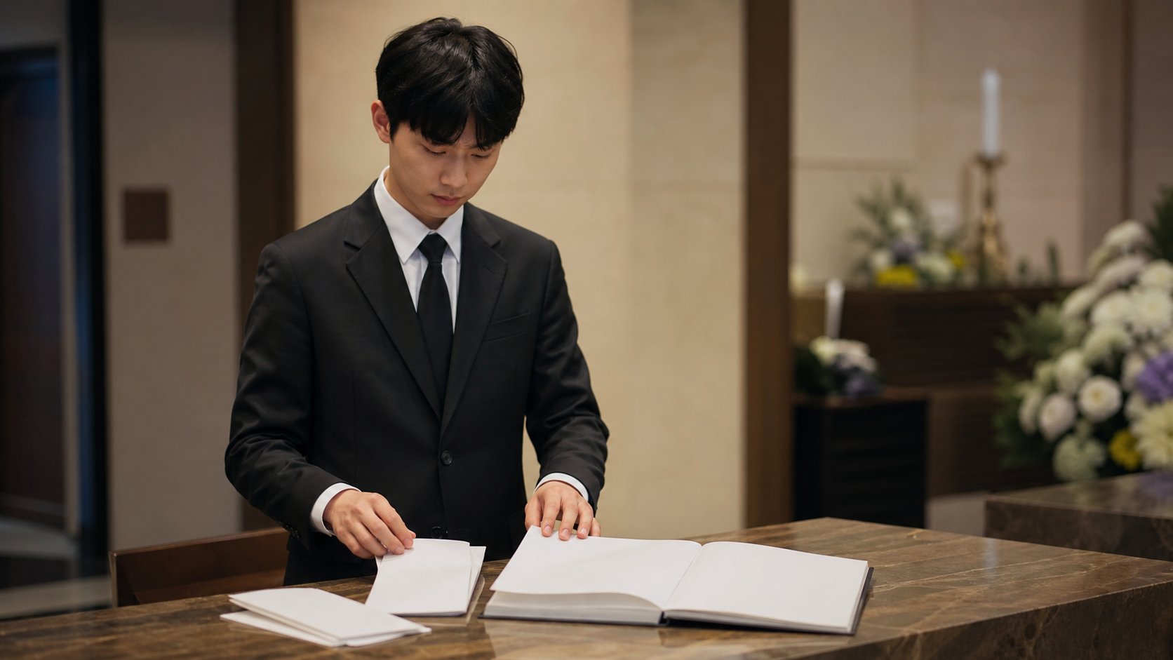 빈소 접수대에서 부의금 봉투와 방명록을 관리하는 모습
