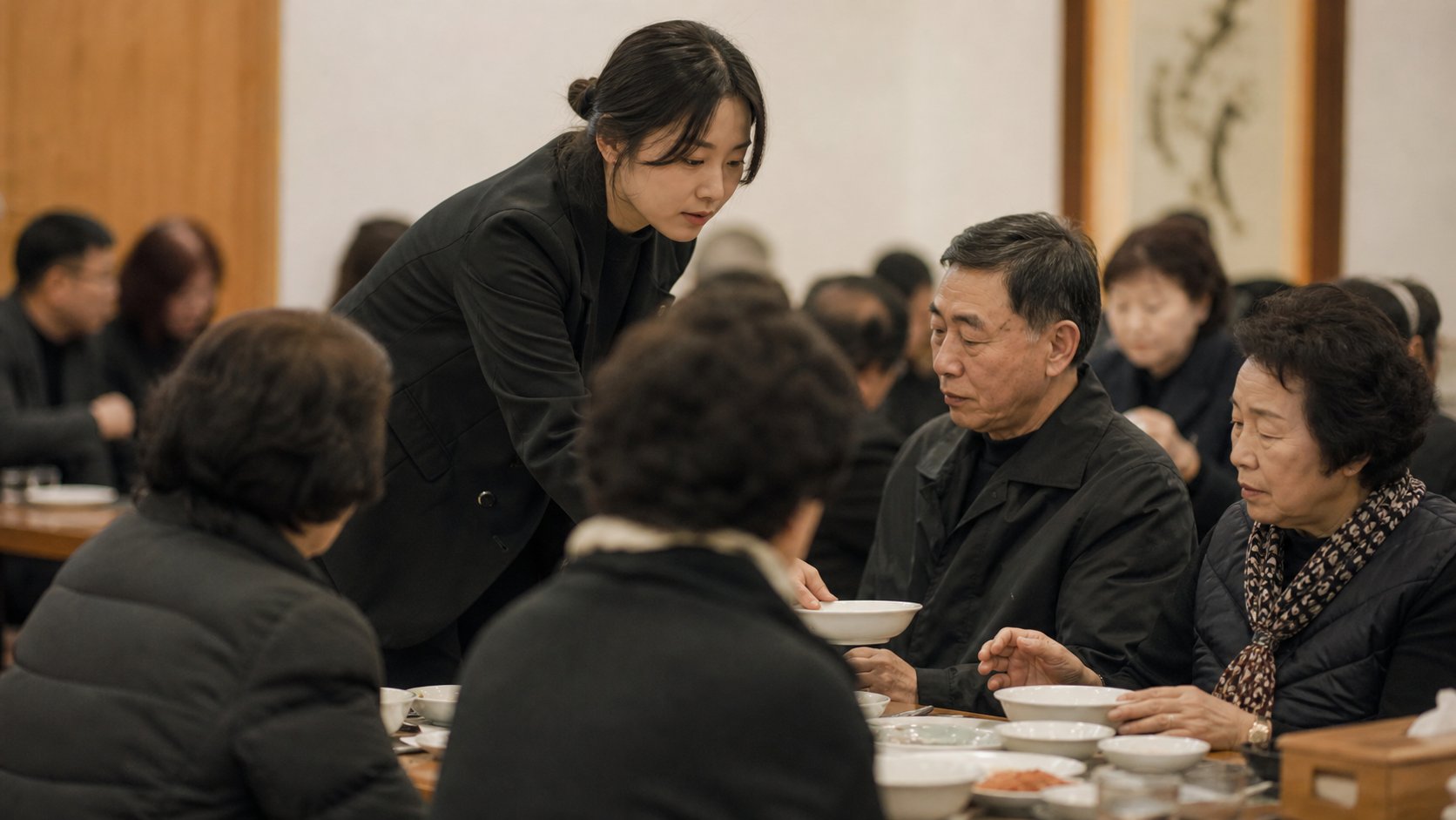손주가 접객실에서 어른들에게 식사를 내어 드리는 모습