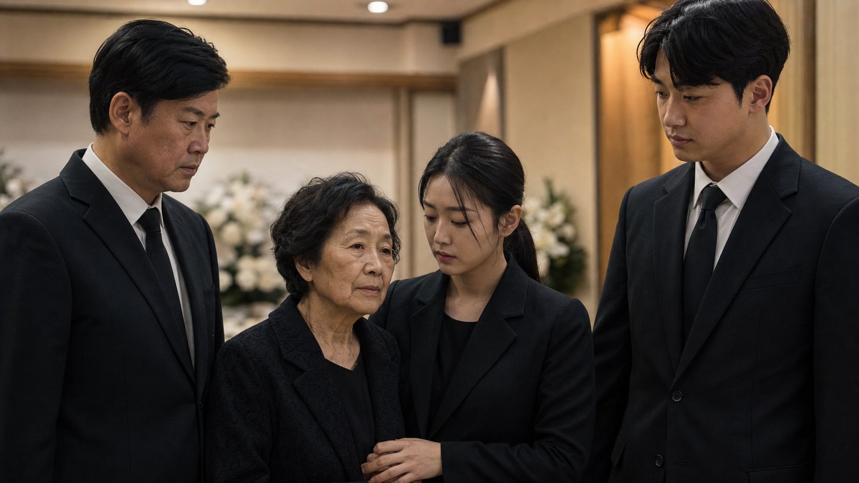 검은 옷을 입은 가족들이 함께 서 있는 모습