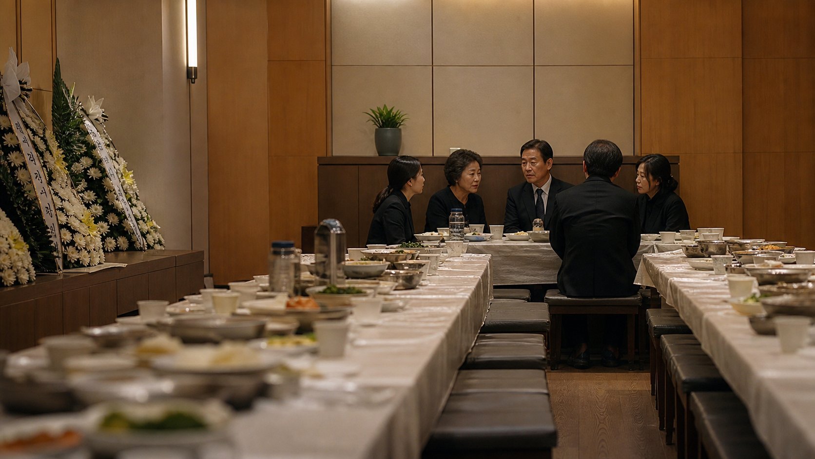 저녁 시간 장례식장 접객실에 식사가 차려진 모습