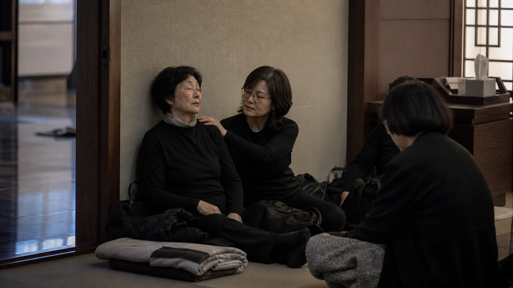 유족들이 빈소 대기실에서 서로를 다독이며 쉬는 모습