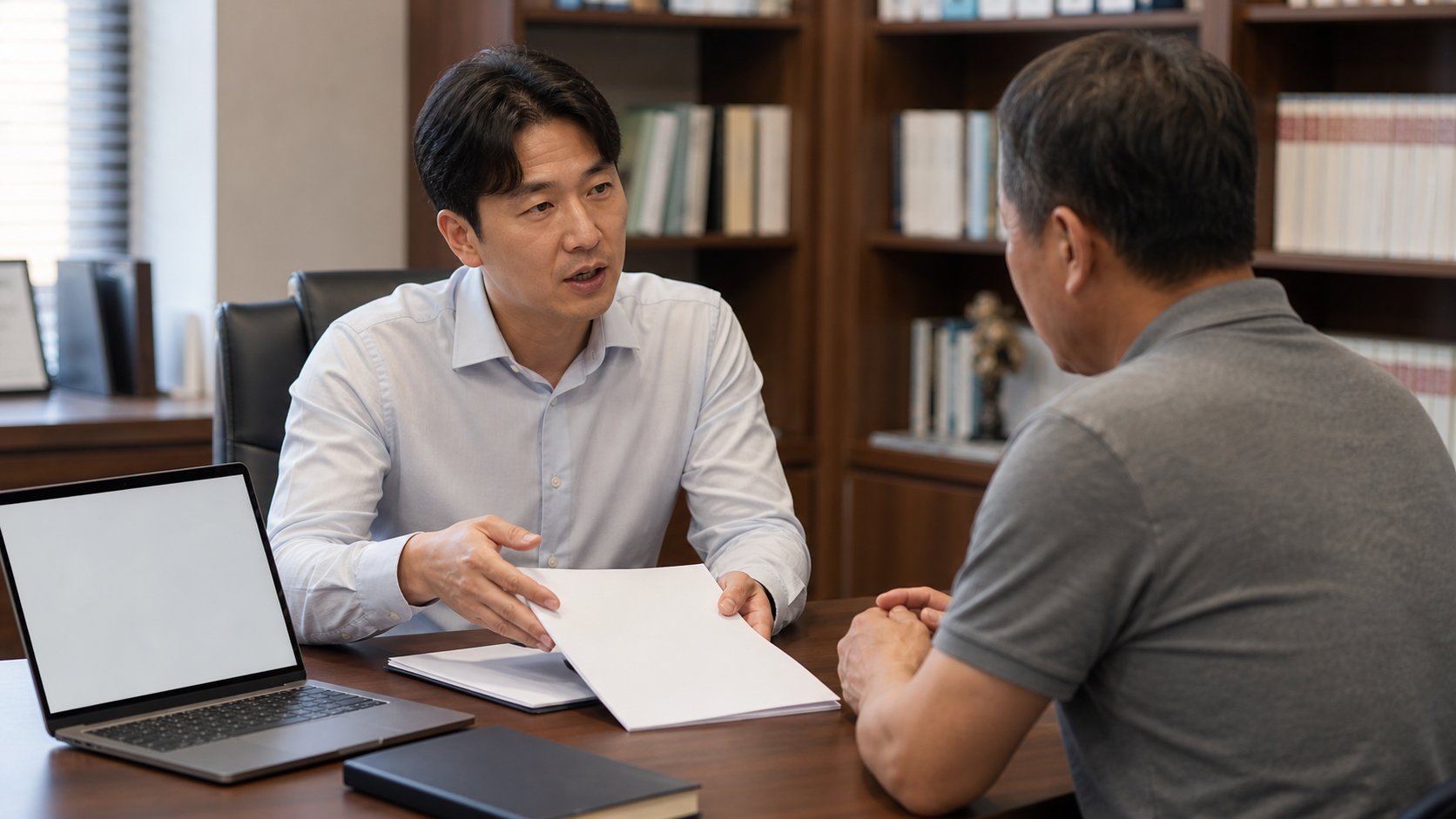 상담실에서 서류를 두고 설명을 듣는 모습